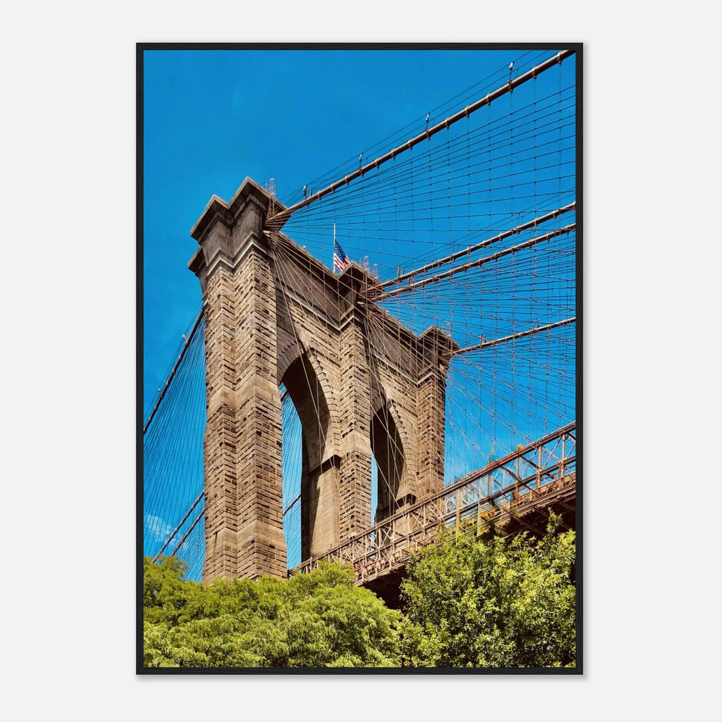 Framed print of NYC Brooklyn Bridge with Dumbo view, part of the Studio Edition travel collection, showcasing a stunning summer skyline.