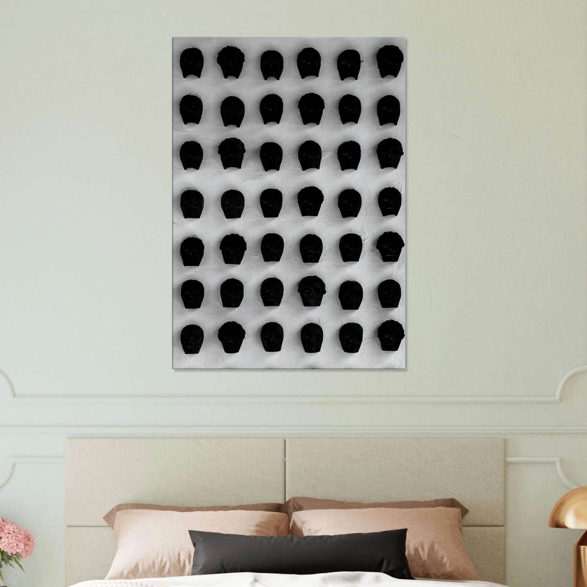 Black and white Monochrome Skull Grid canvas wall art print by My Store, featuring minimalist abstract skull design for modern decor.