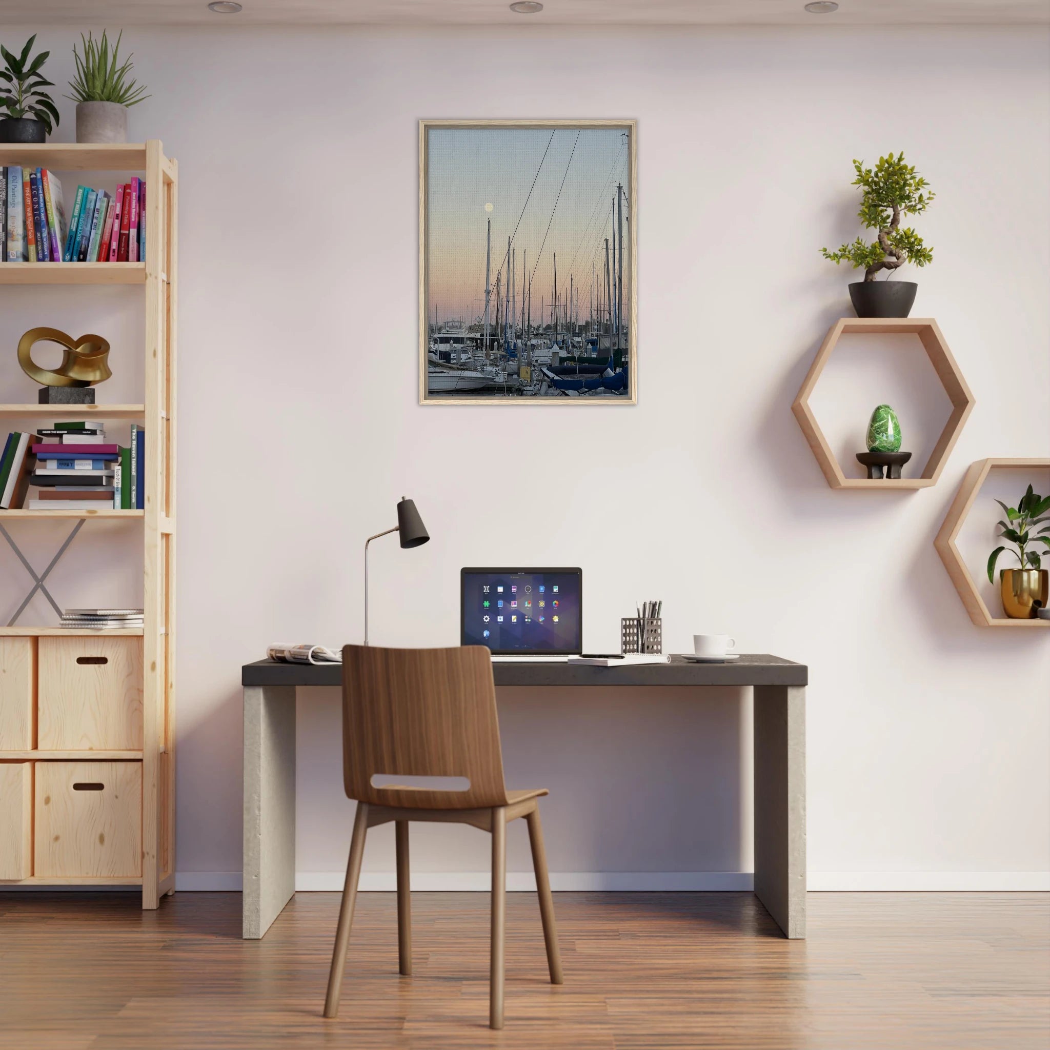 Framed canvas art print of Summer Evening Marina Del Rey with nautical tones, California Canvas Studio Edition, depicting a coastal scene.