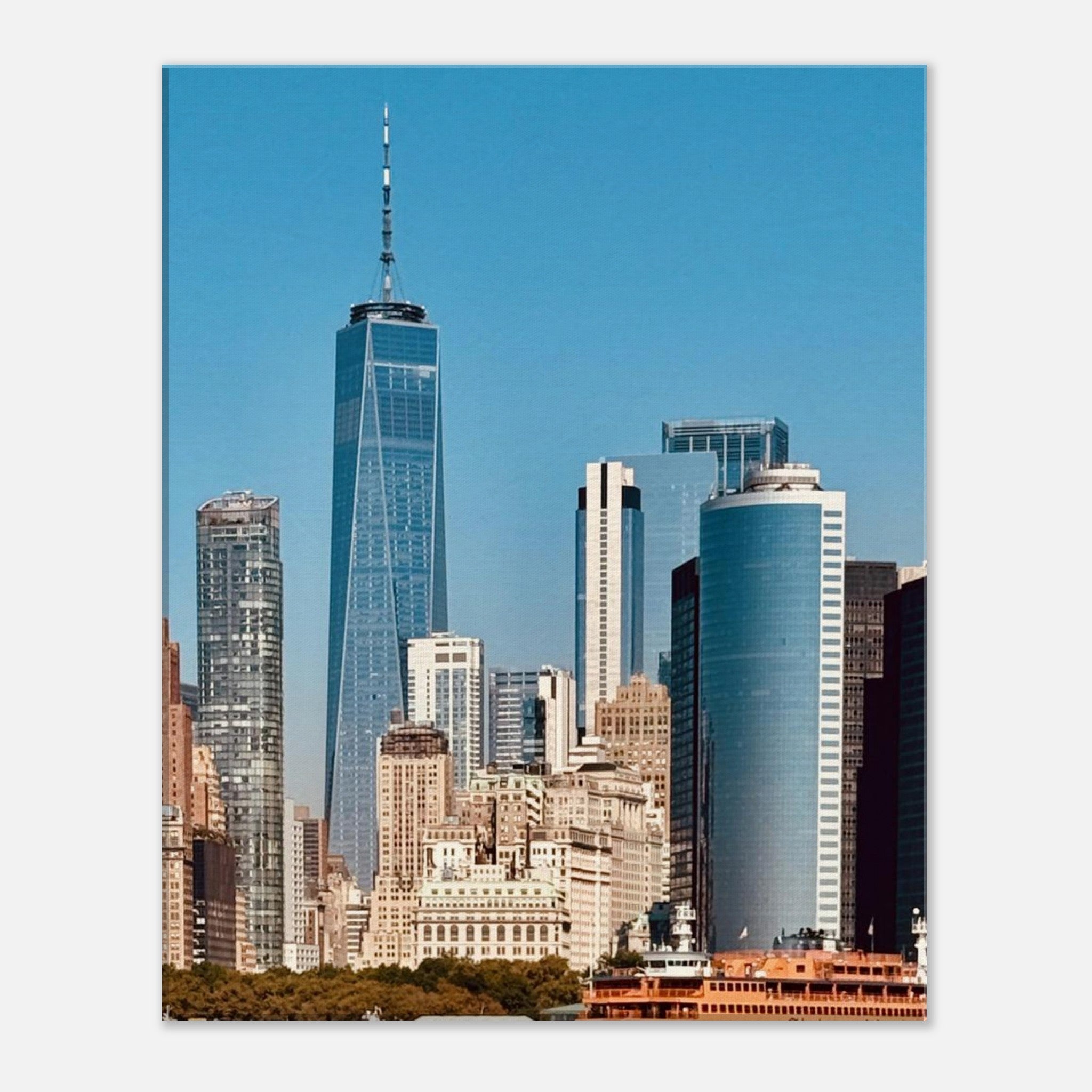 NYC skyline canvas print featuring the World Trade Center and Staten Island Ferry, from the Studio Edition travel collection.