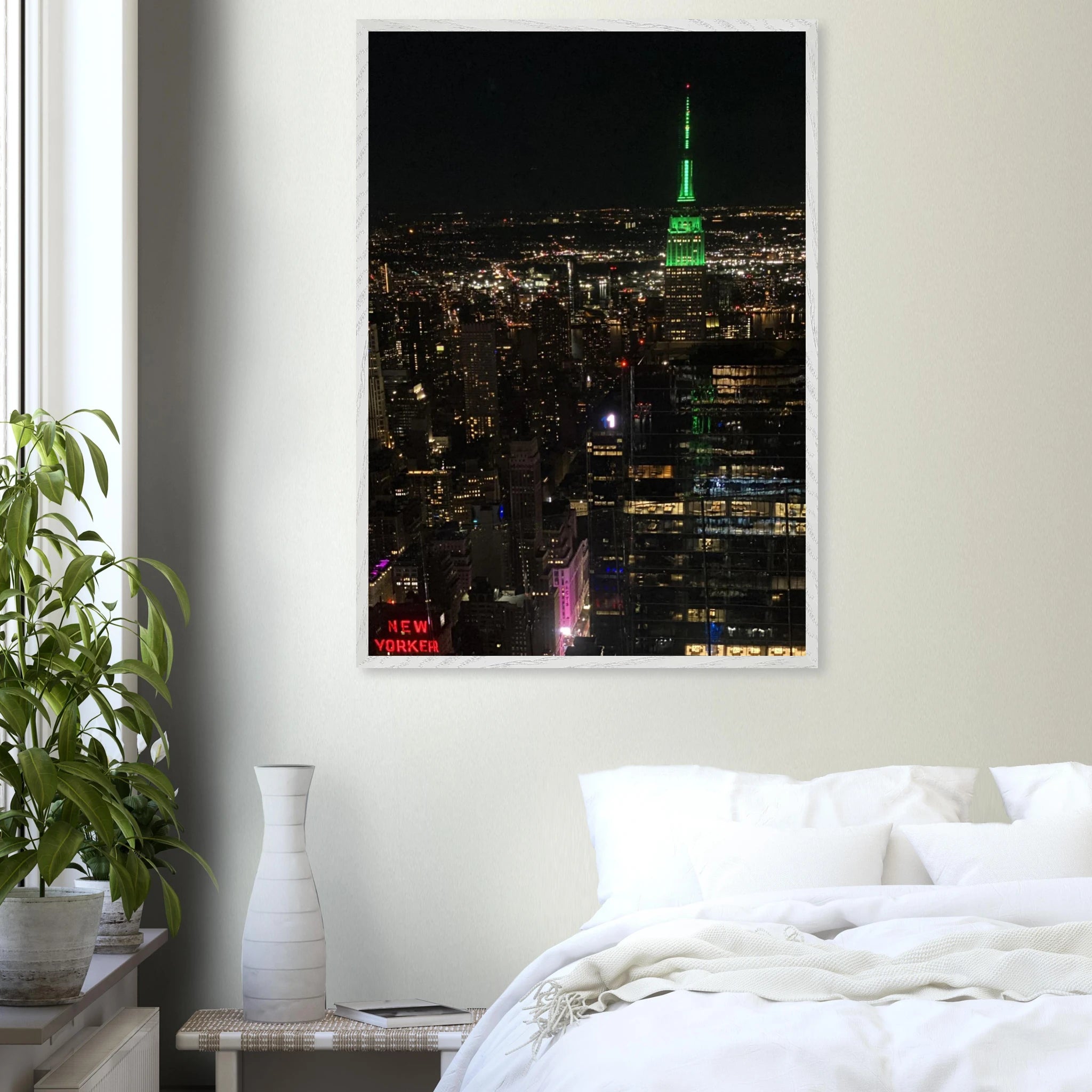 Wood mounted framed poster of iconic NYC Downtown Night View with Empire State Building, part of Studio Edition Travel Collection.