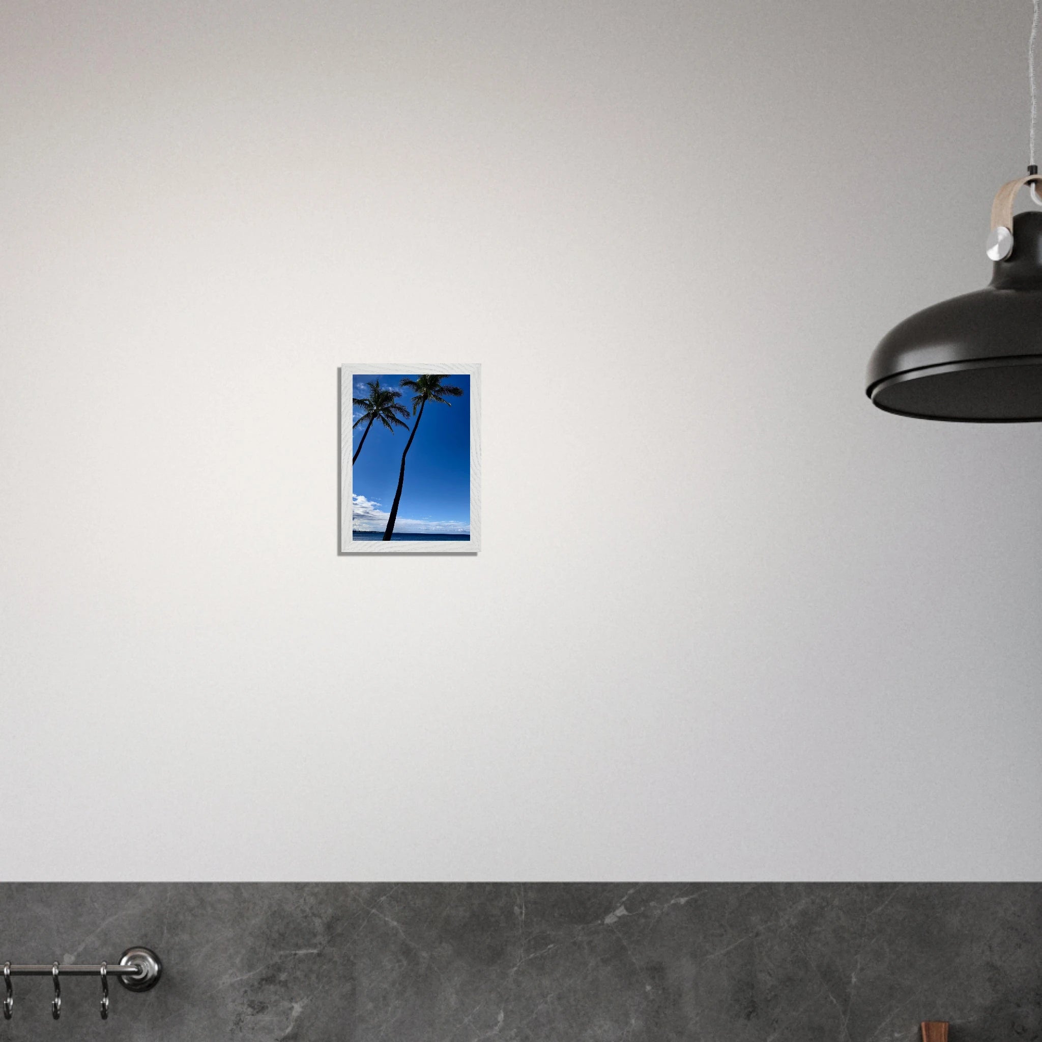 Framed Hawaii travel poster featuring iconic palm tree twins and Pacific waves, printed on high-quality material by CaliCuration