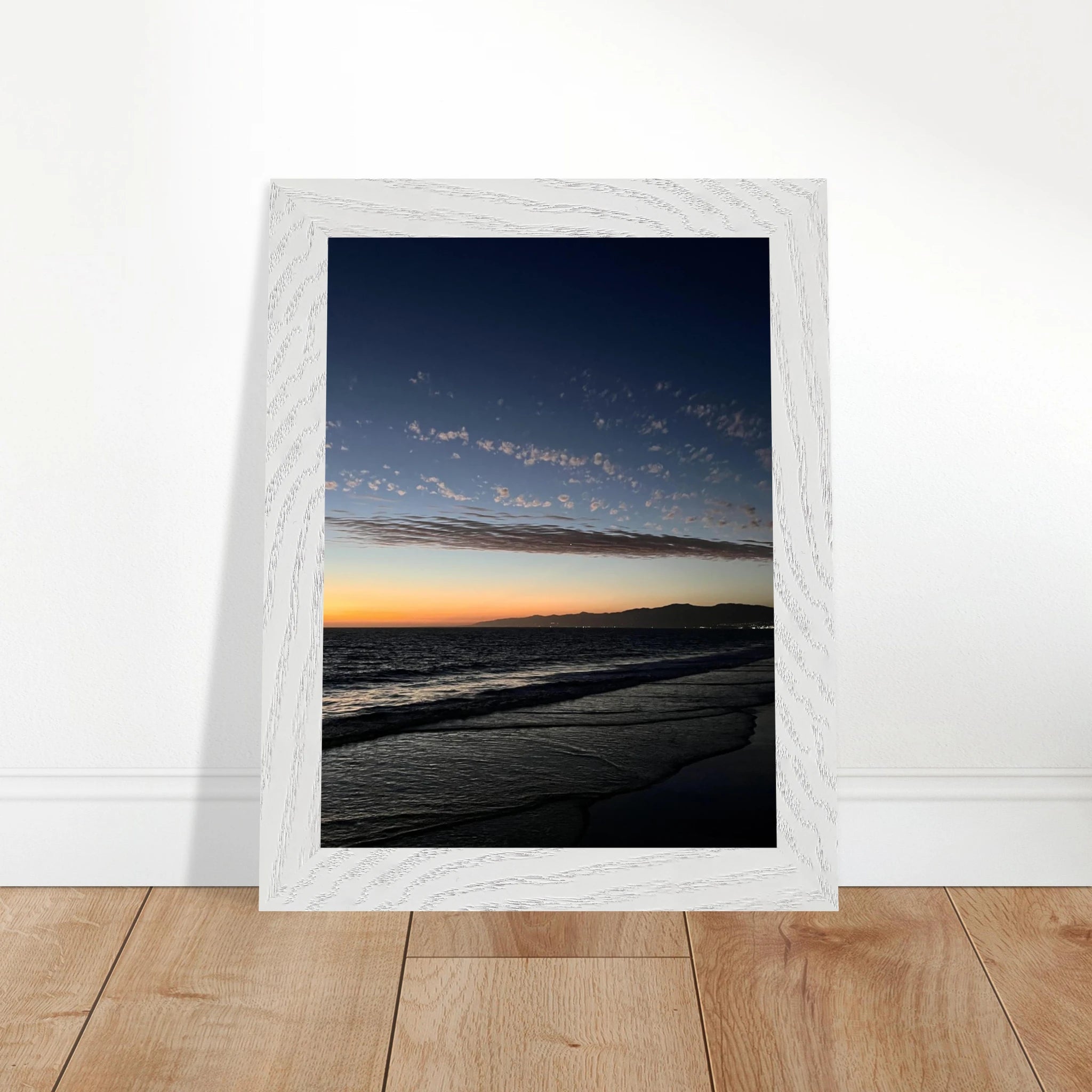 Premium wooden framed poster of a vibrant SoCal fall sunset, mounted for home decor, featuring California landscape artwork.