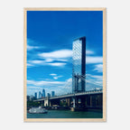 Framed NYC Manhattan Bridge and East River urban photography print, showcasing iconic New York City skyline and bridge details.