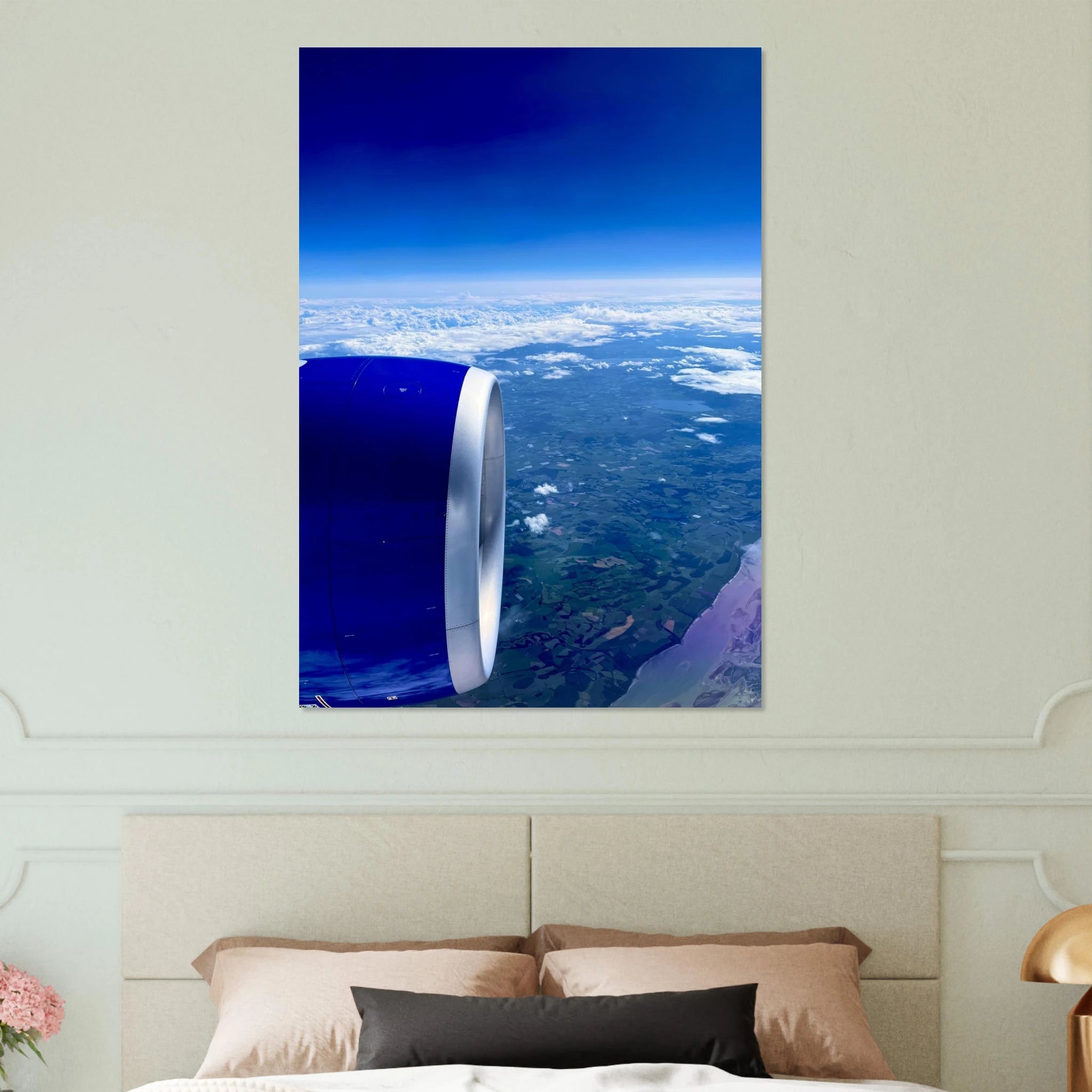 Aluminum print of a cross-Atlantic airplane turbine view, part of the travel collection studio edition, showcasing detailed aviation artwork.