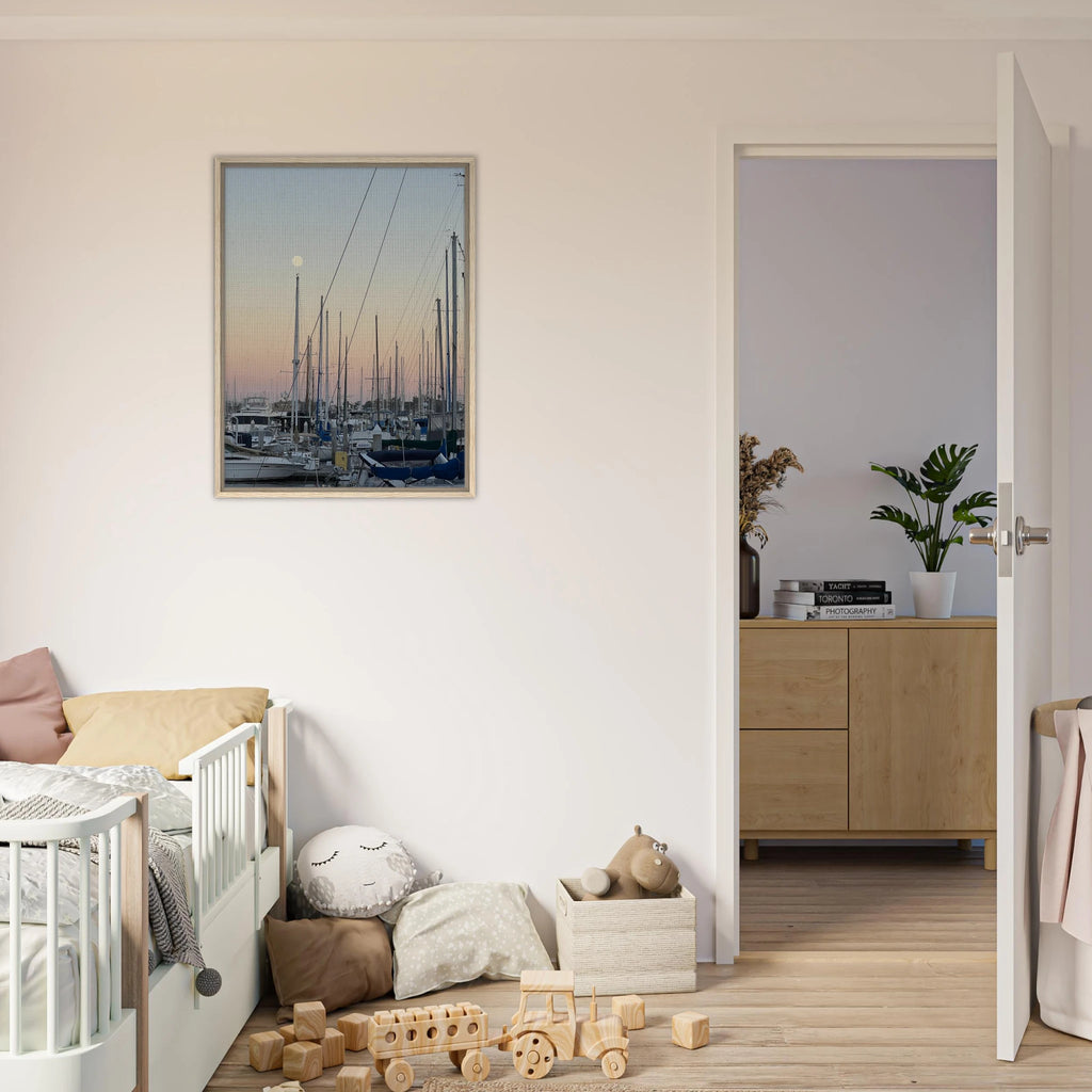 Framed canvas art print by California Canvas Studio showing a summer evening marina scene in Marina Del Rey with nautical tones.