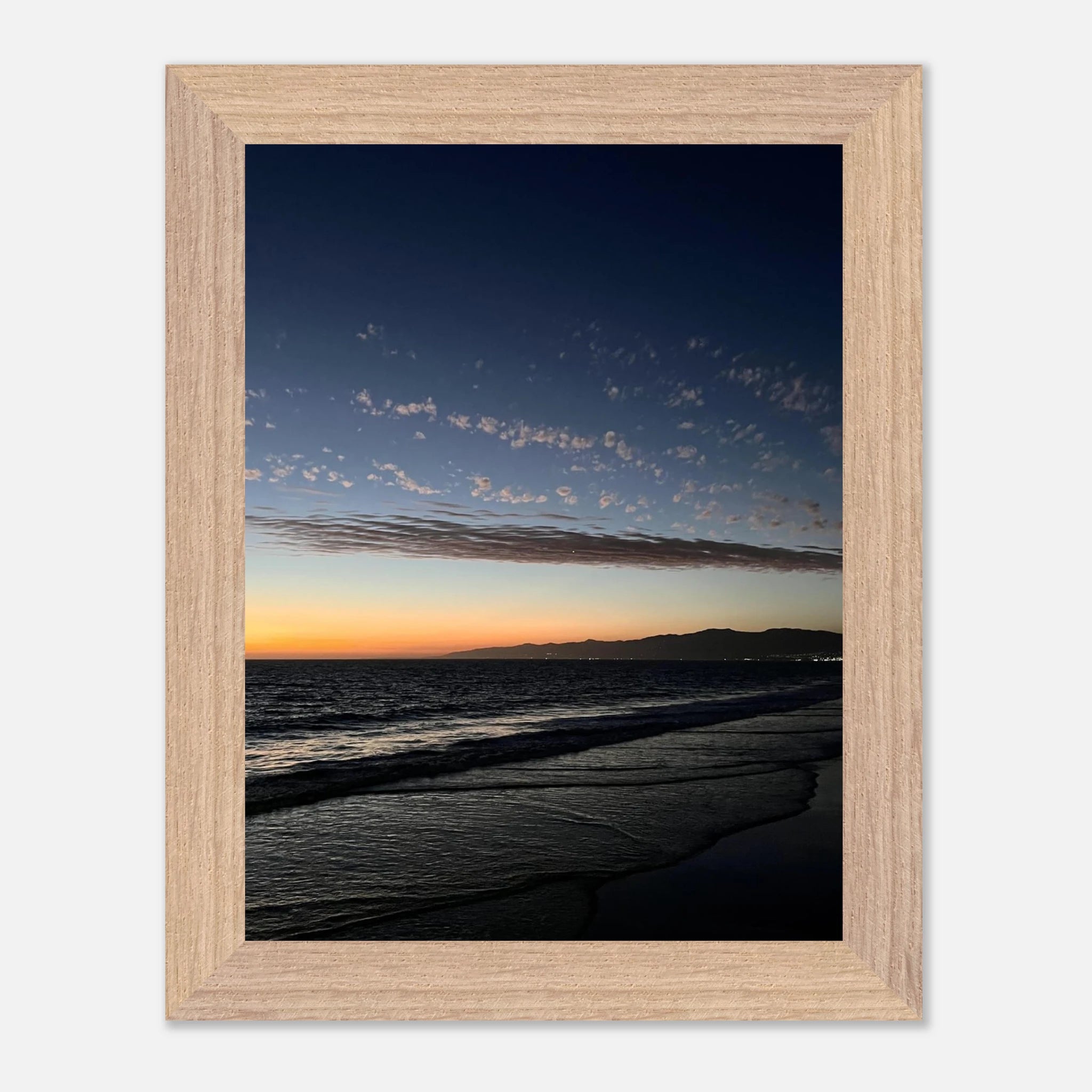 Premium wooden framed poster of a vibrant fall sunset in Southern California, featuring semi-glossy artwork for home décor.