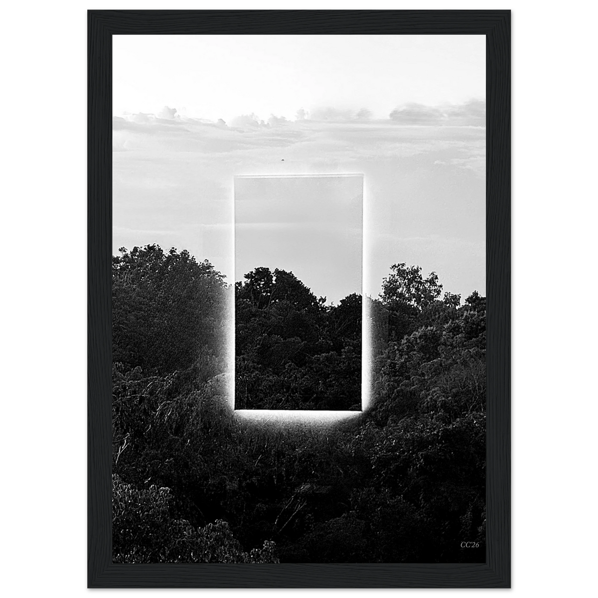 Black and white print titled "A Window into Jungle Stillness" by CaliCuration, showcasing a serene jungle scene in a minimalist style.