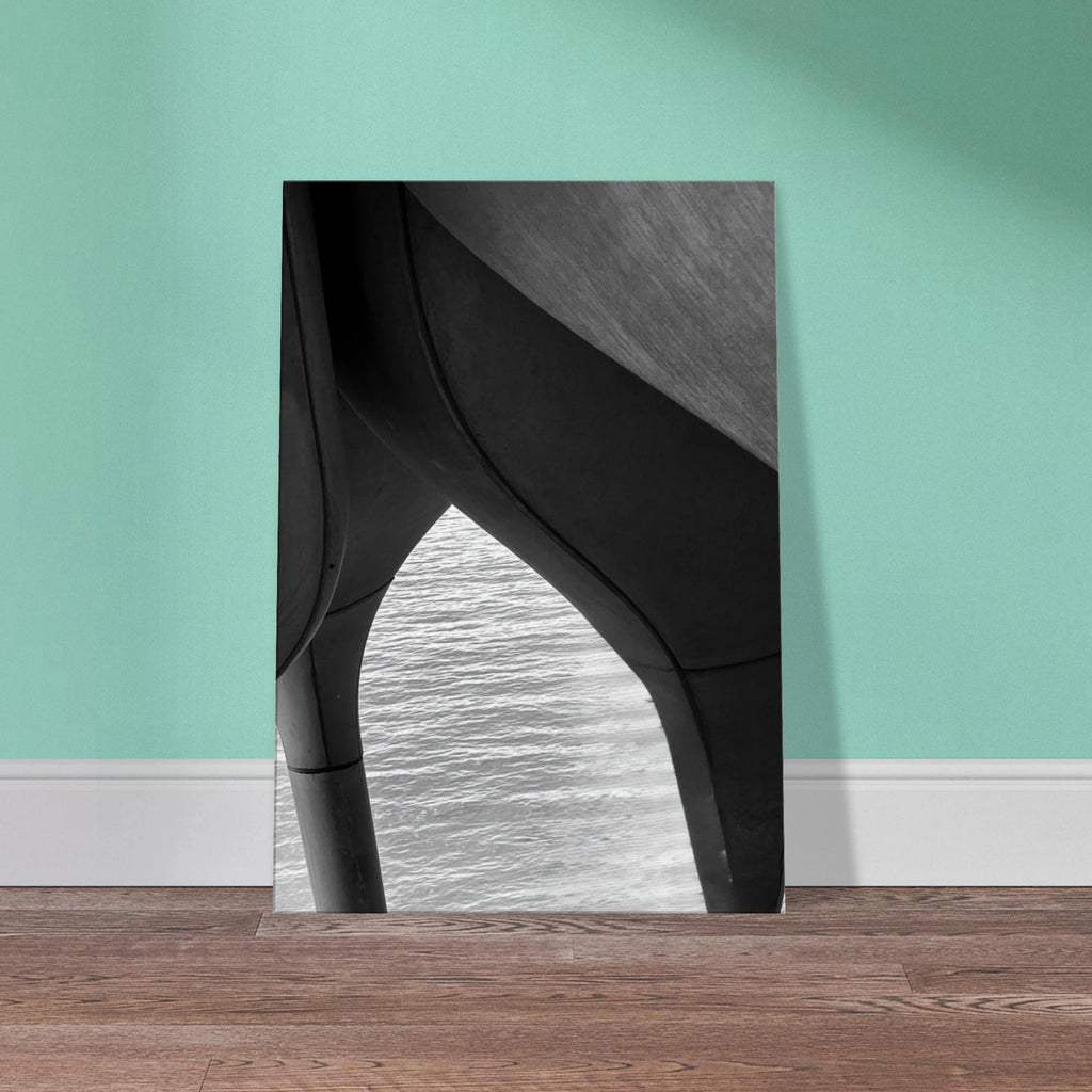 Black and white abstract canvas print of NYC Hudson River Pier featuring high heels in water from the Travel Collection, Studio Edition.