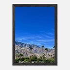 Premium wooden framed print of a sunny fall day in Palm Springs California poster art, featuring vibrant autumn colors and a scenic landscape.