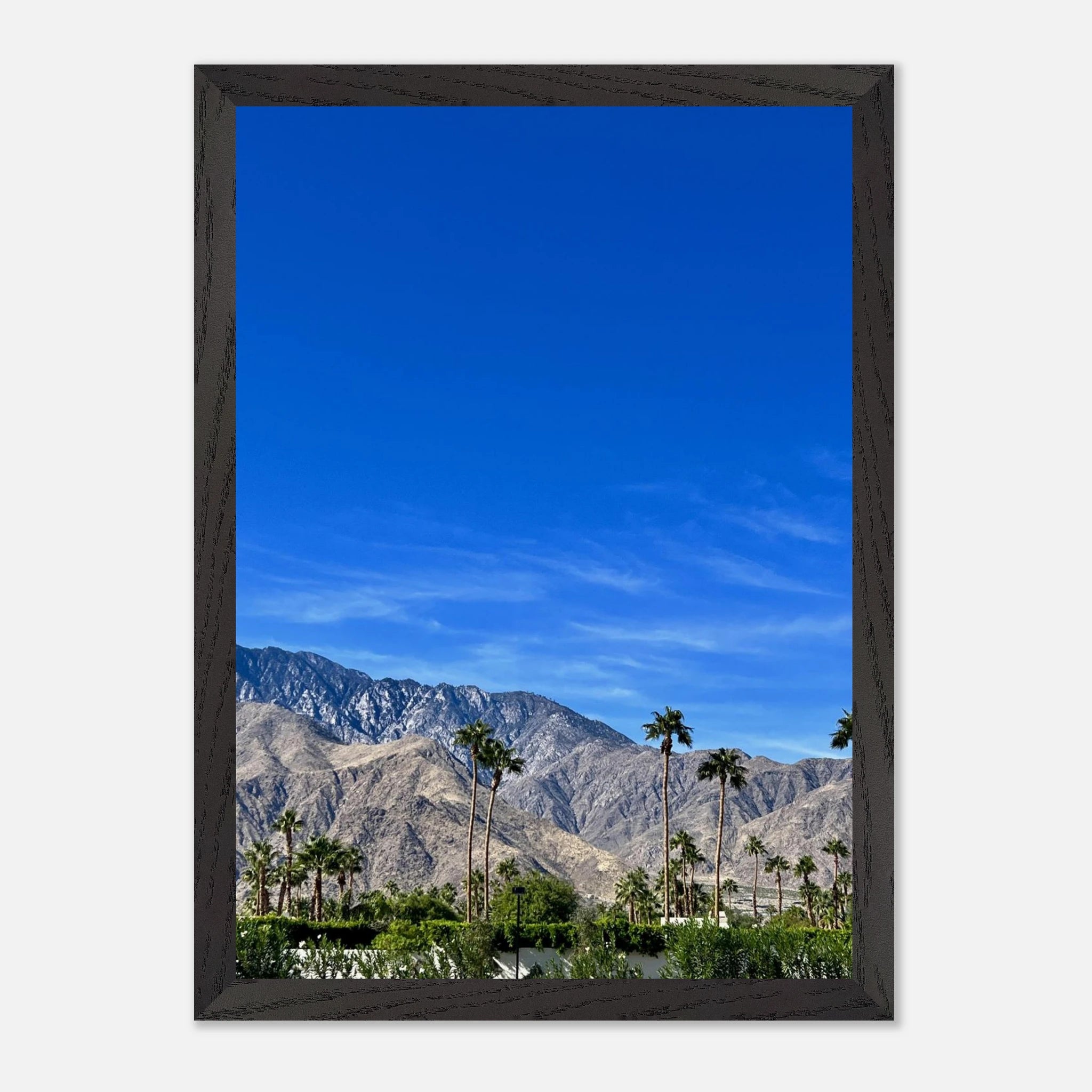 Premium wooden framed print of a sunny fall day in Palm Springs California poster art, featuring vibrant autumn colors and a scenic landscape.