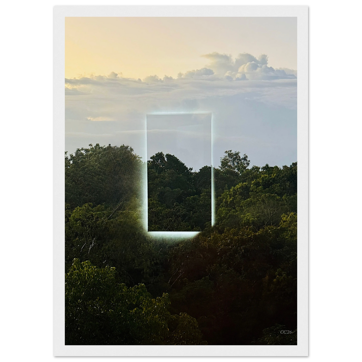 Color print titled "A Window into Jungle Stillness" by CaliCuration, showcasing a serene jungle scene in vibrant hues.