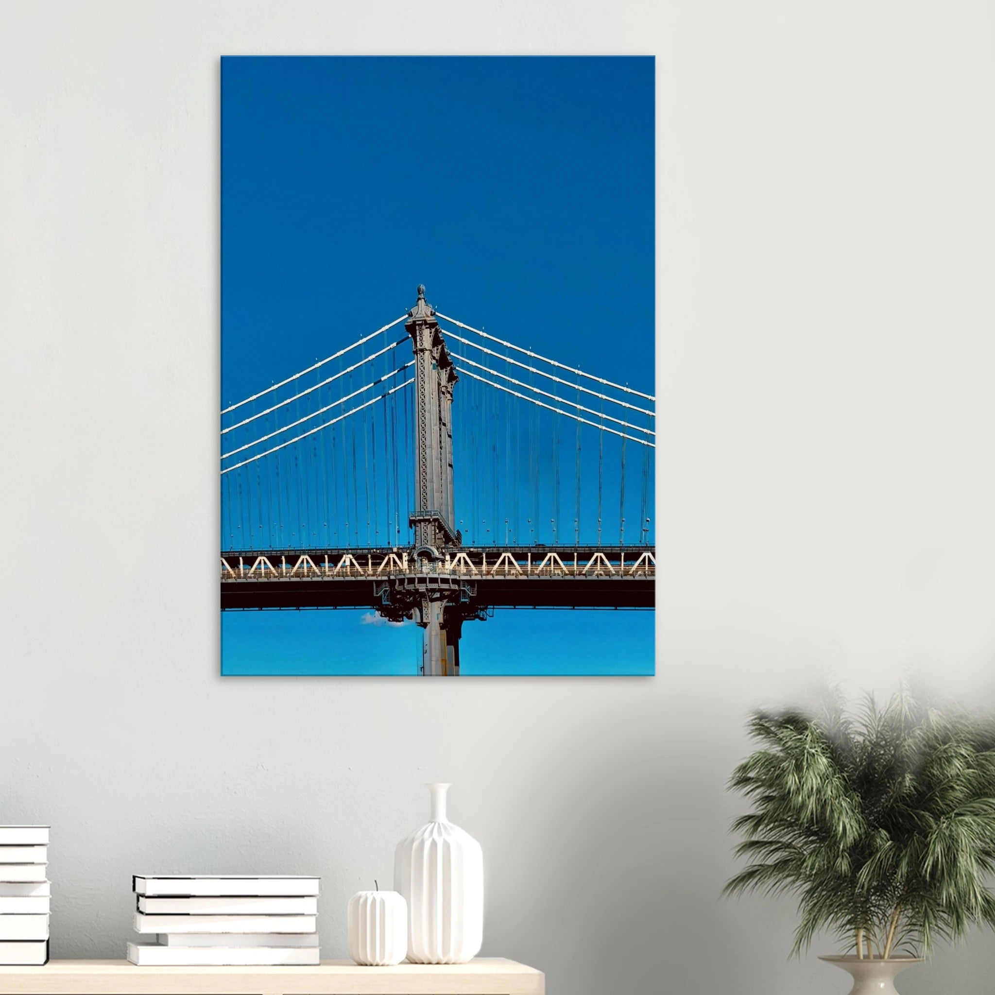 Sunny Winter Day canvas print of Manhattan Bridge in NYC, featuring vibrant travel-inspired artwork for home decor.