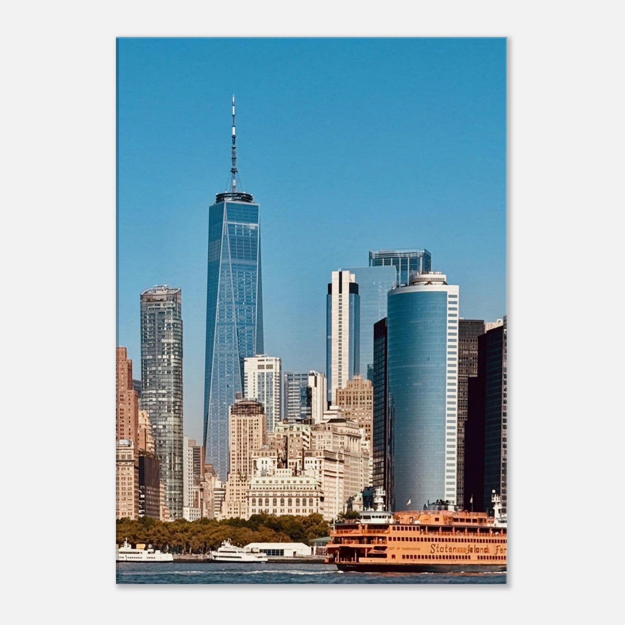 NYC skyline canvas print featuring the World Trade Center and Staten Island Ferry, part of the Studio Edition Travel Collection.