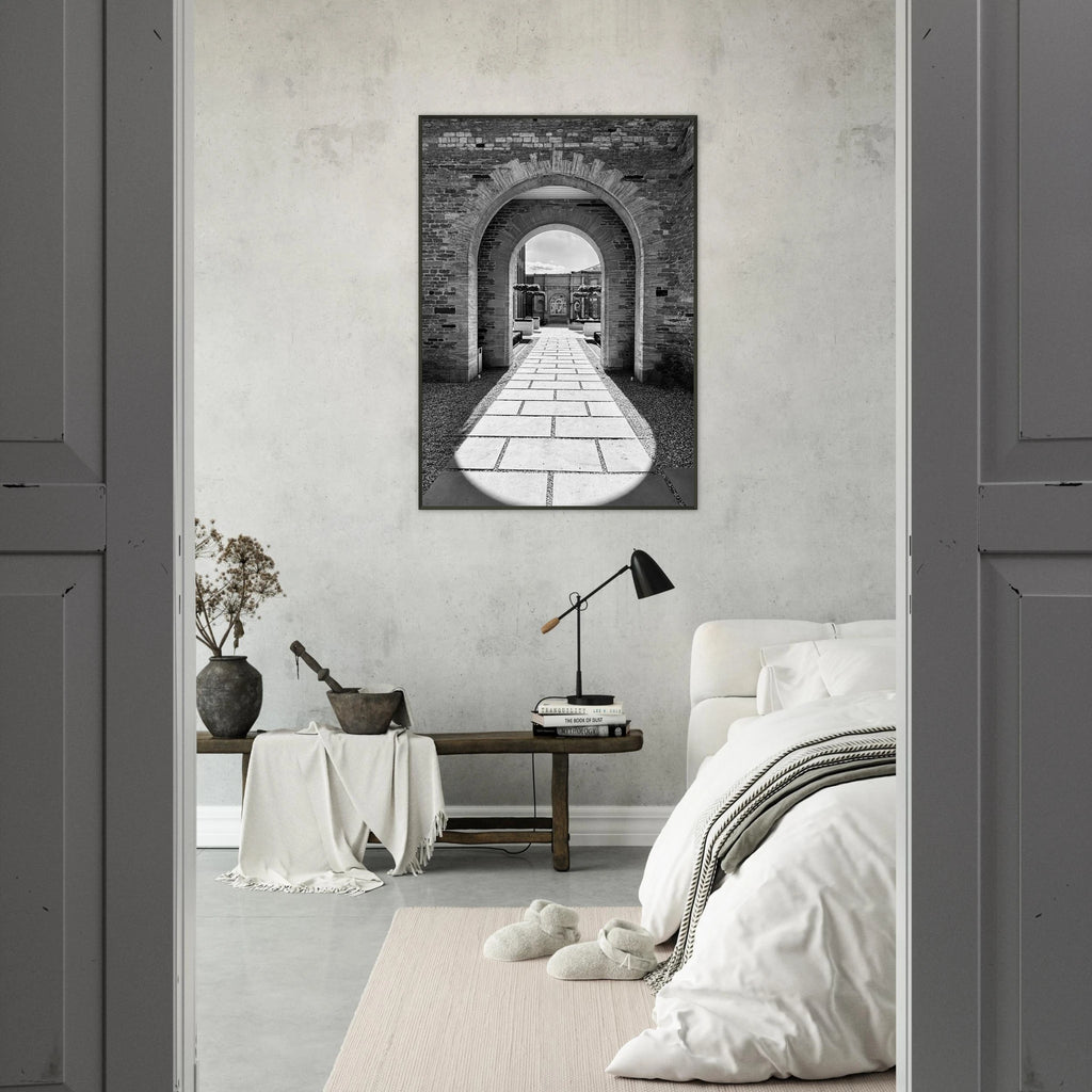 Black and white Cotswolds Estate aluminum framed poster featuring summer light and shadows, part of the Studio Edition travel art collection.