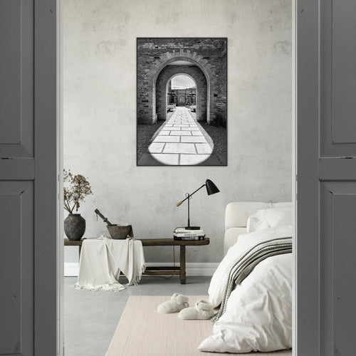 Black and white Cotswolds Estate aluminum framed poster featuring summer light and shadows, part of the Studio Edition travel art collection.