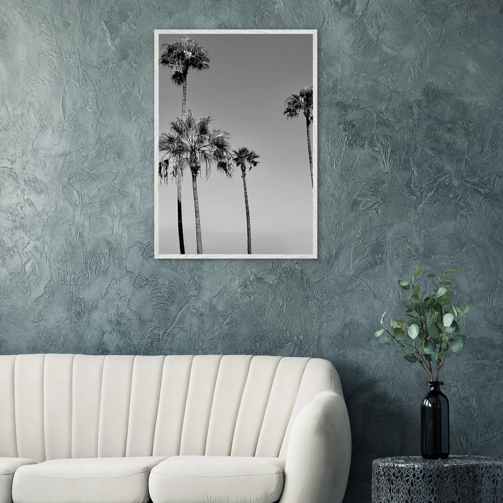 Premium wooden framed black and white California beach icons poster art in semi-gloss finish from Studio Edition.