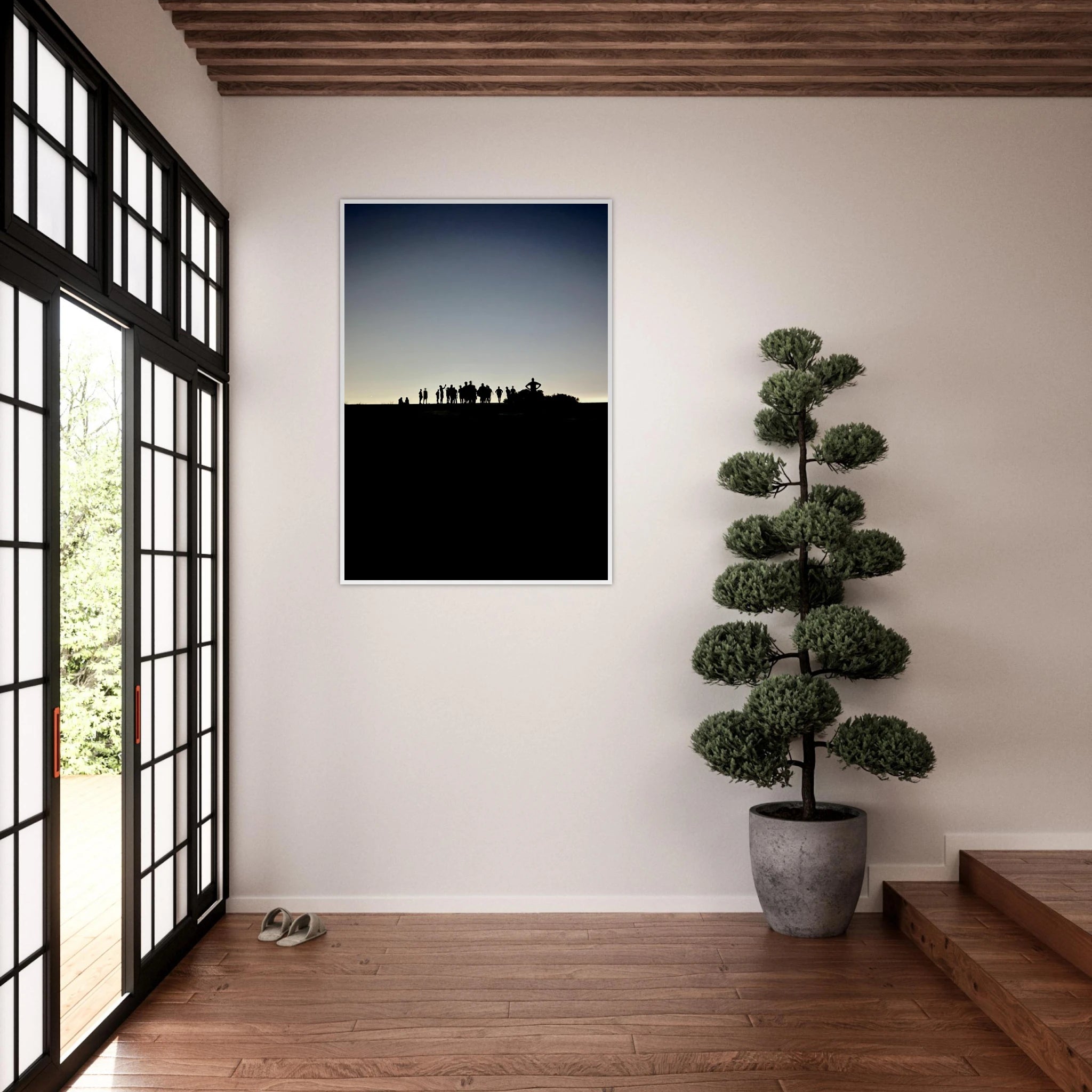 Black and white framed poster of Hollywood Hills with mystical city lights, California scenery, Studio Edition print by My Store.
