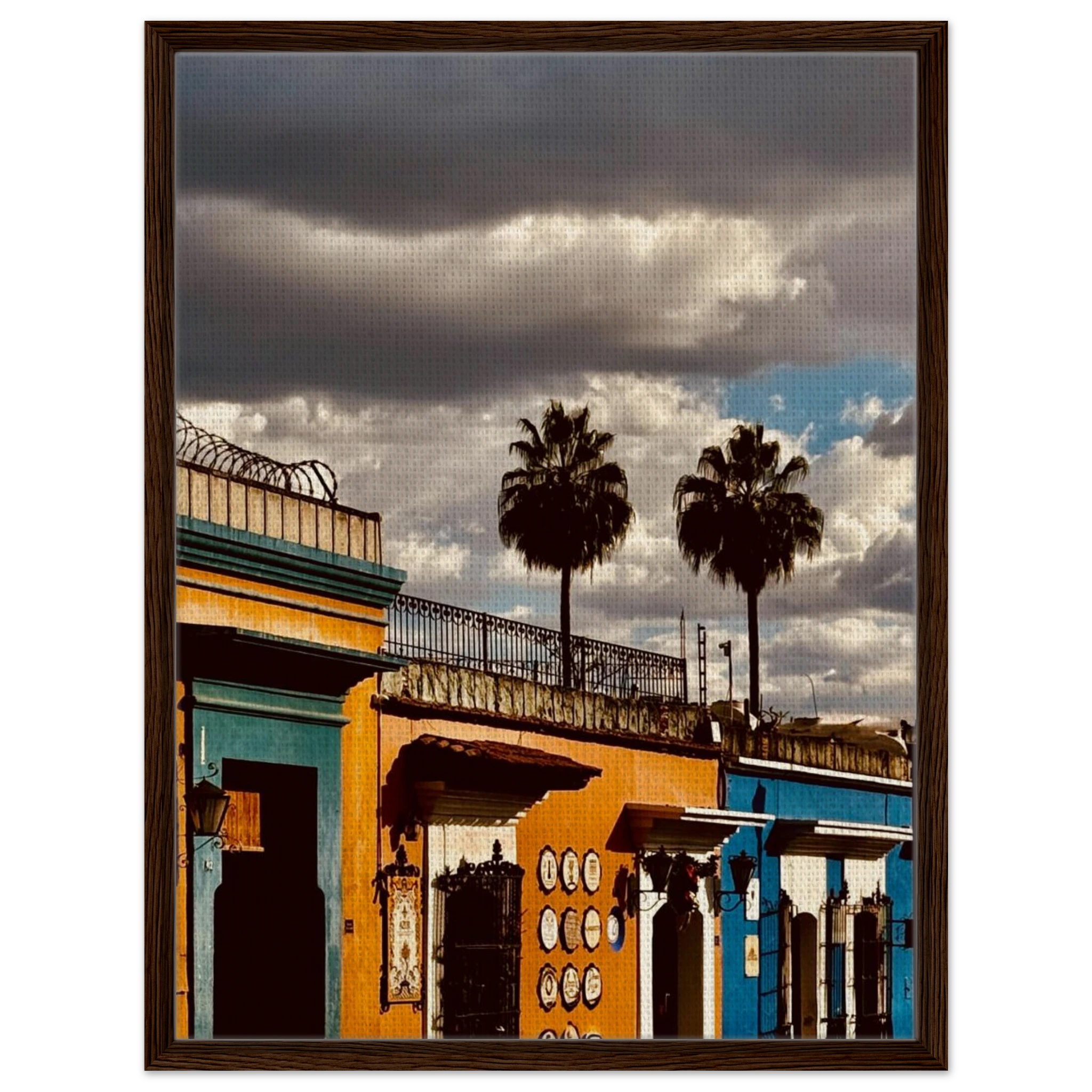 Framed canvas print of two palm trees in Oaxaca, Mexico from CaliCuration’s travel collection, spring 2026 studio edition.