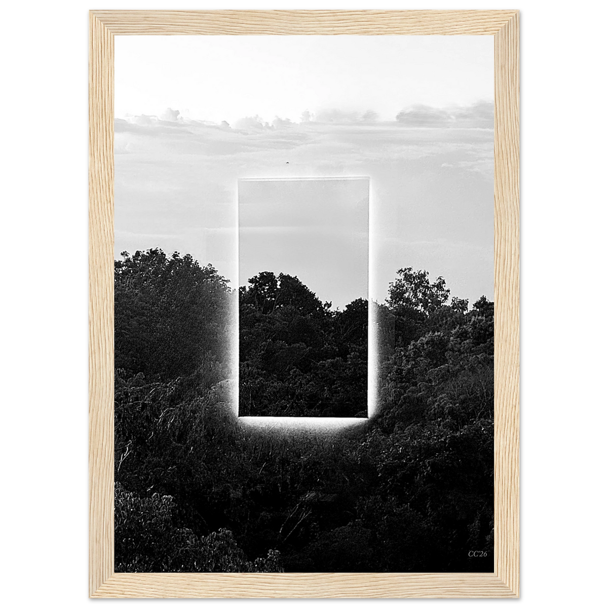 Black and white print titled "A Window into Jungle Stillness" by CaliCuration, showcasing a serene jungle scene with lush foliage.
