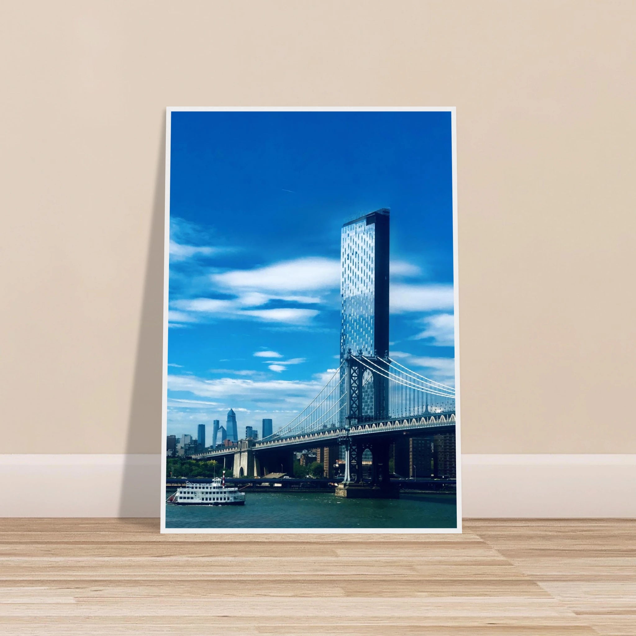 Framed NYC Manhattan Bridge and East River urban photography print, showcasing iconic New York City skyline and bridge details.