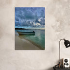 Brushed aluminum print of the Idyllic Tulum Fisherboat and calm Caribbean beach scene, part of CaliCuration's travel collection.