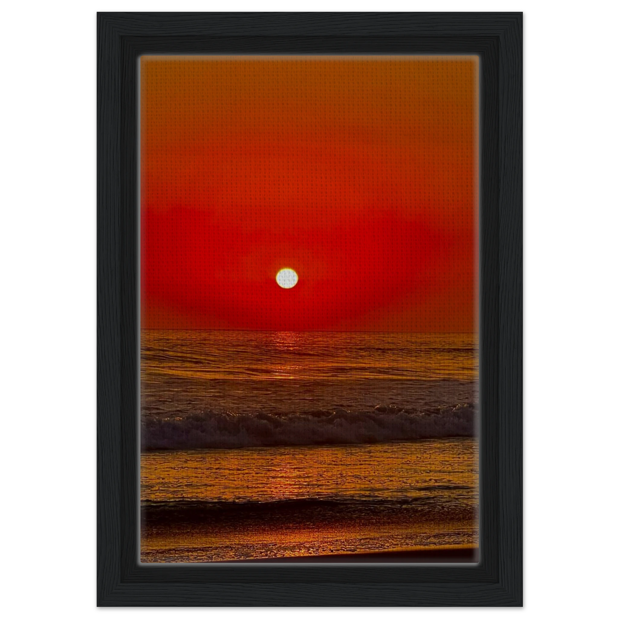 Framed canvas print of California Red Sunset Series 2/3 by CaliCuration, featuring vibrant red sunset hues on high-quality print material.