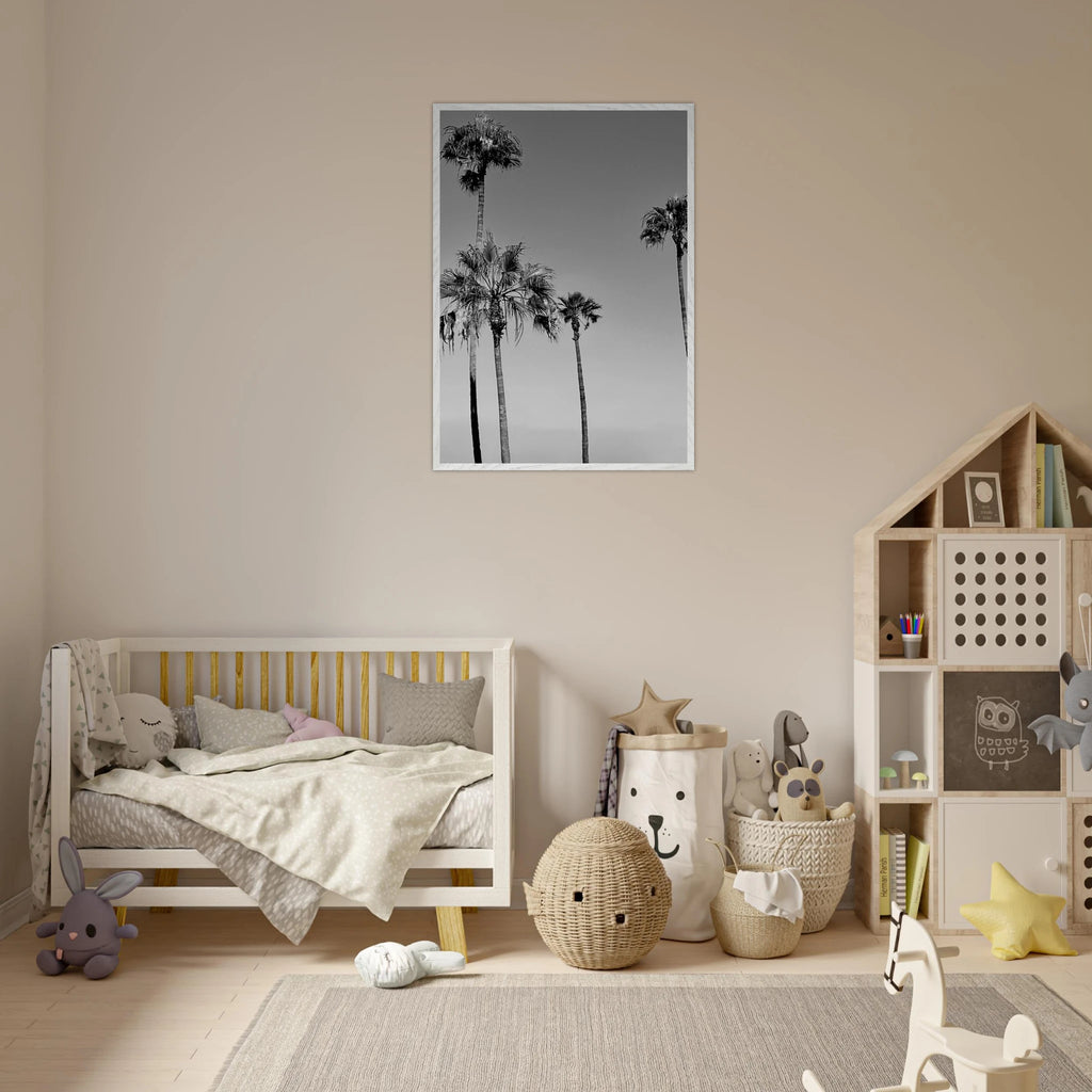 Premium wooden framed poster featuring black and white California beach icons in semi-gloss finish.