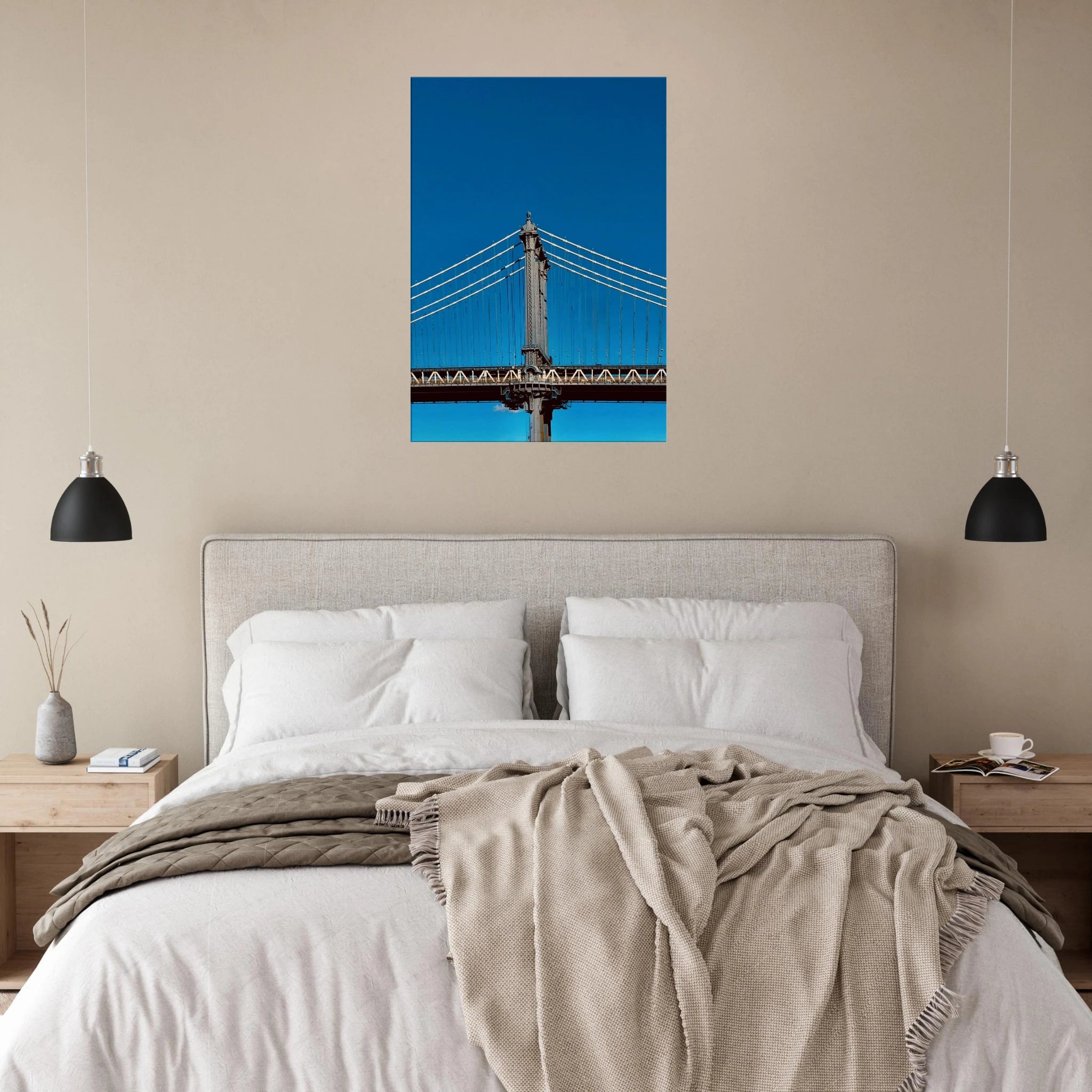 Sunny Winter Day canvas print of Manhattan Bridge NYC artwork from the Studio Edition, featuring vibrant travel-inspired cityscape.