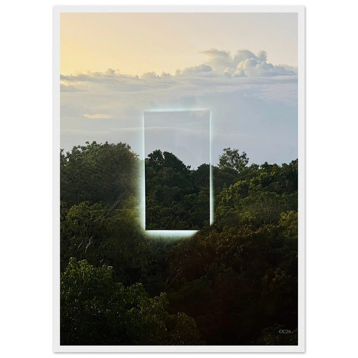 Color print of "A Window into Jungle Stillness" by CaliCuration, showcasing lush jungle scenery in an exclusive edition of 5.