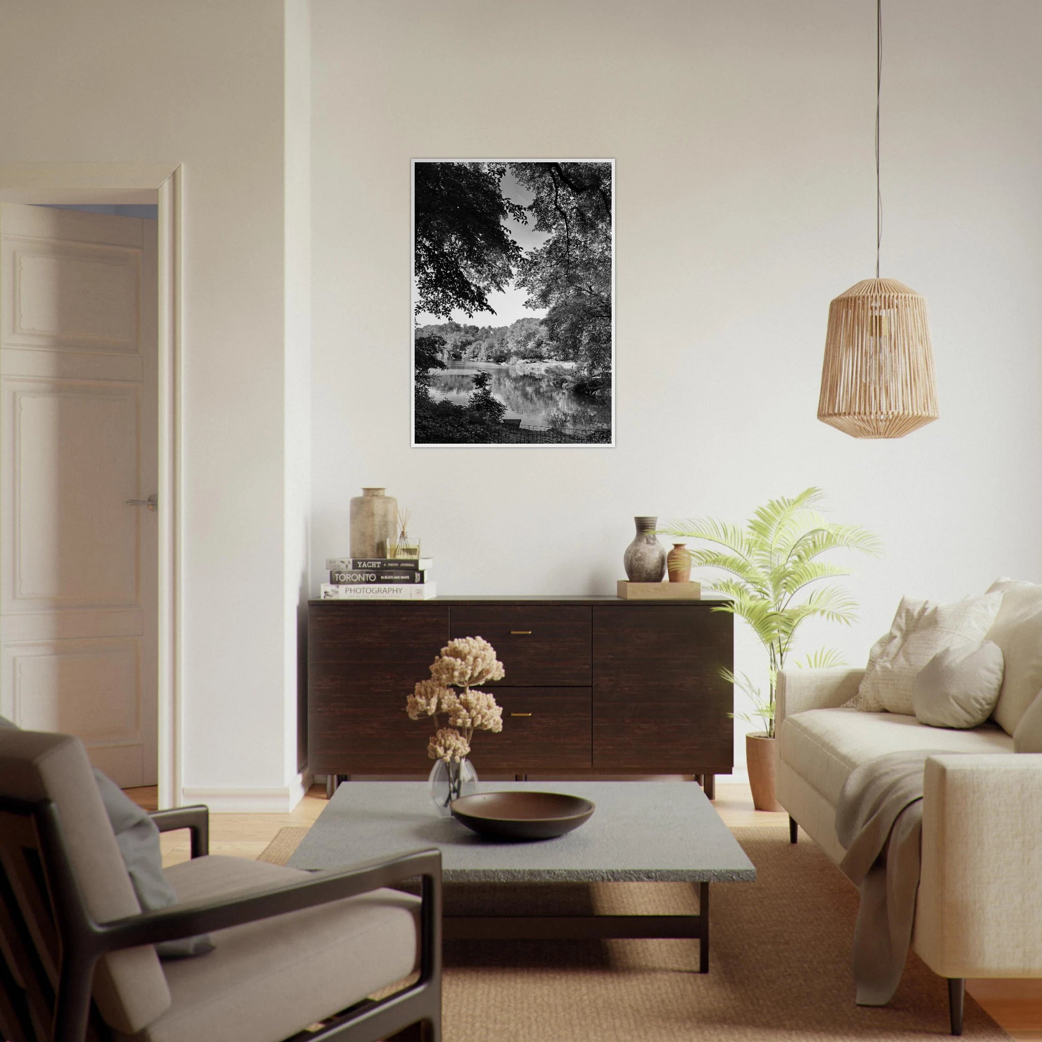 Black and white framed print of a summer lake scene from Upstate NY, part of the My Store Travel Collection Studio Edition.