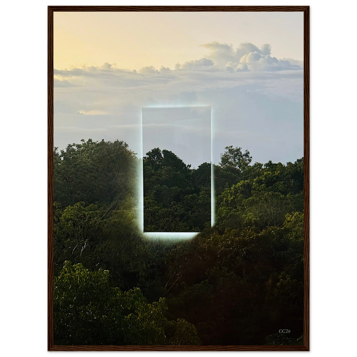 Color print titled "A Window into Jungle Stillness" by CaliCuration, showcasing a serene jungle scene in vibrant colors.
