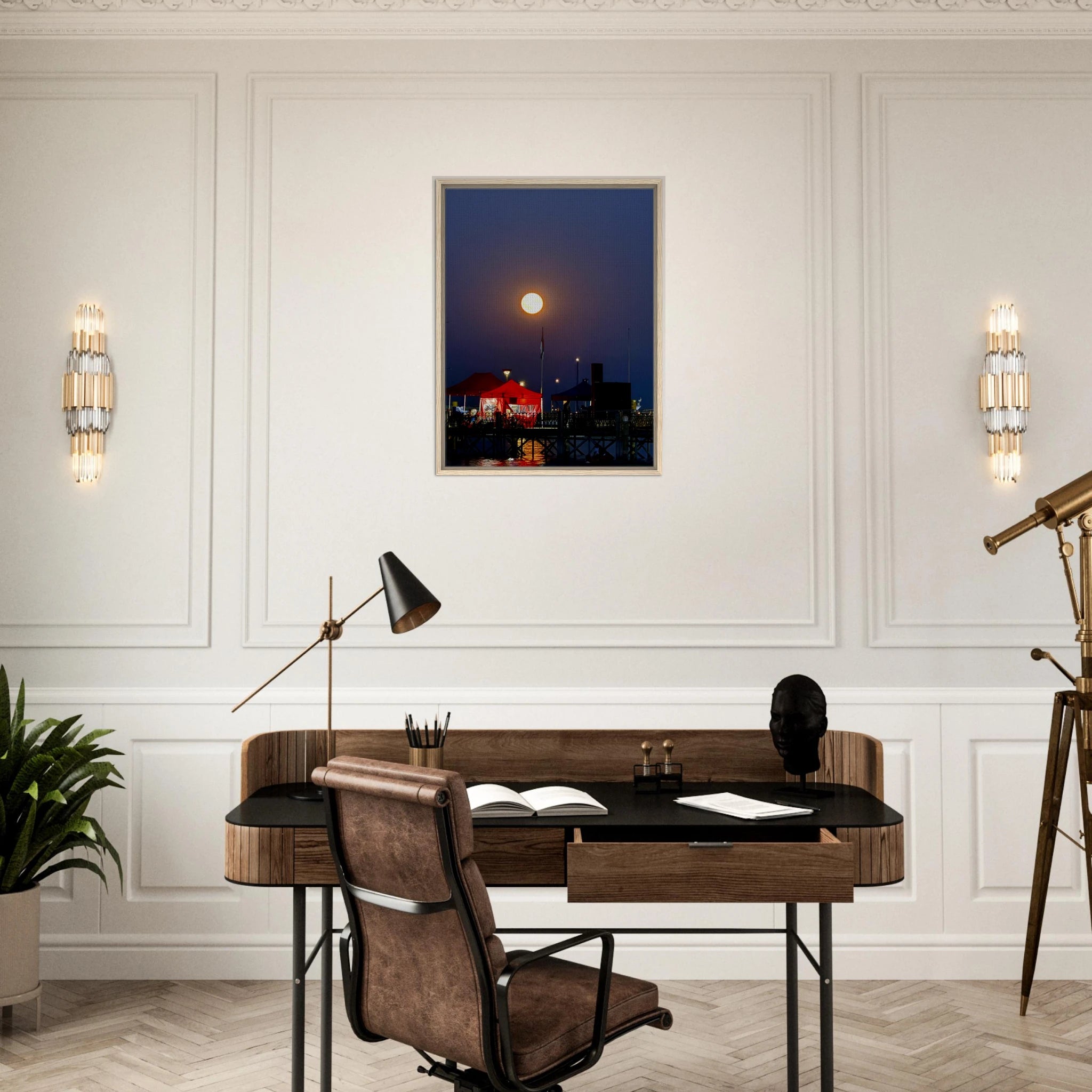 Mystical Fall Full Moon wooden framed canvas print from CaliCuration's Travel Collection, Studio Edition, featuring a vibrant autumn scene.