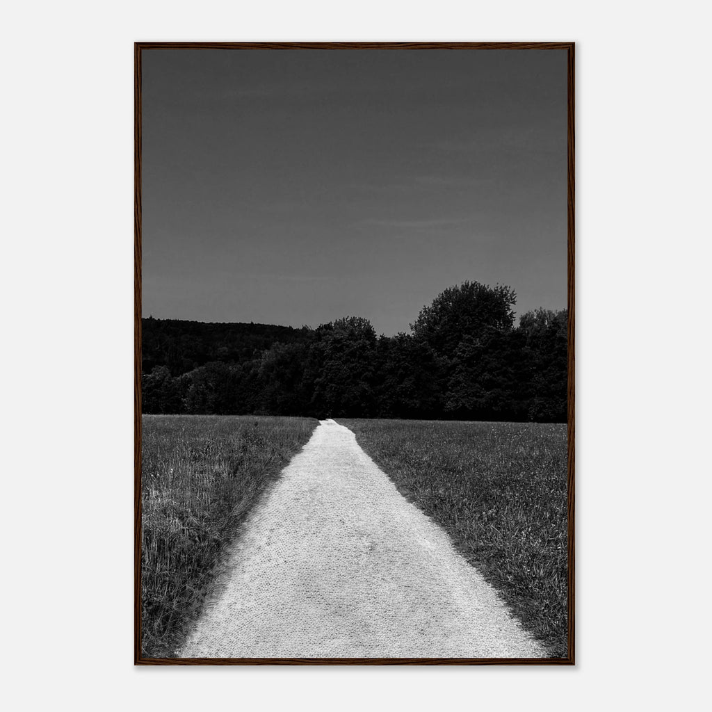 Black and white framed poster print of a summer road scene from the Travel Collection, featuring a timeless chic travel vibe.
