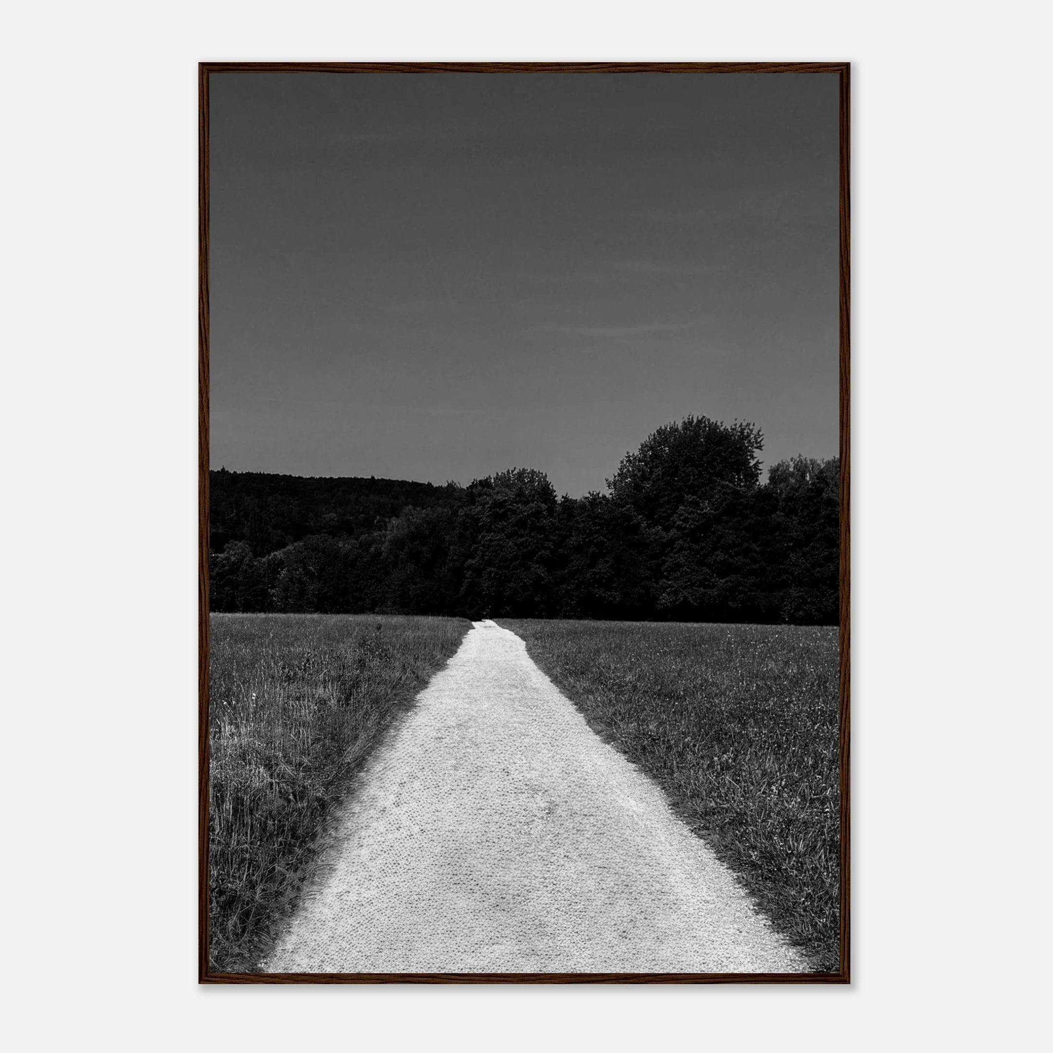 Black and white framed poster print of a summer road scene from the Travel Collection, featuring a timeless chic travel vibe.