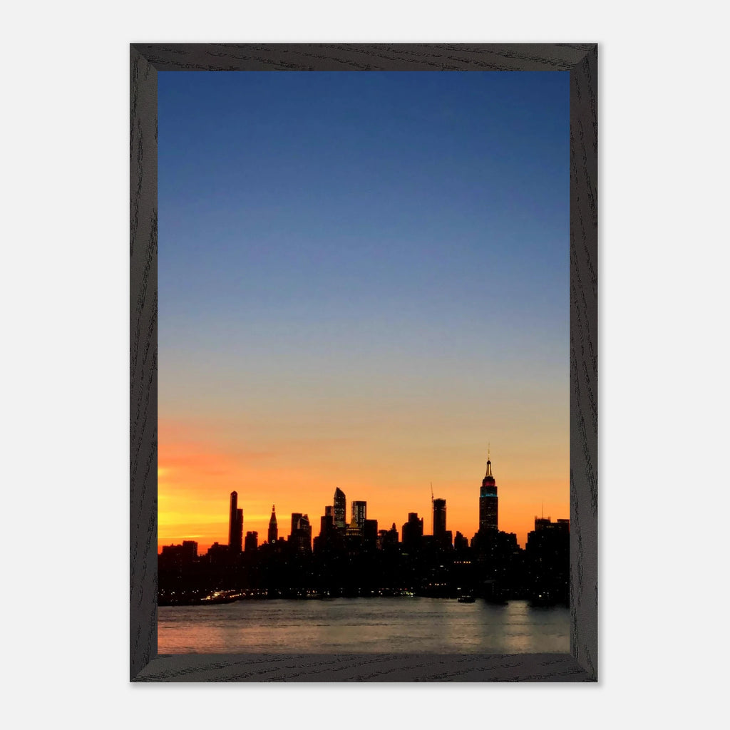 Manhattan skyline sunset framed poster featuring NYC wall art with vibrant cityscape and sunset colors on high-quality print material