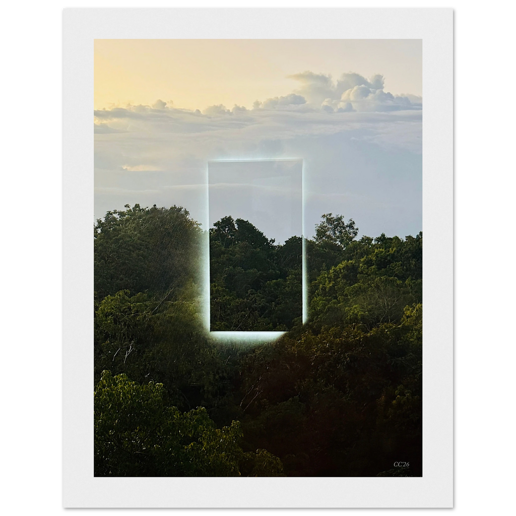 Color print of "A Window into Jungle Stillness" by CaliCuration, showcasing lush jungle scenery through a serene window view.