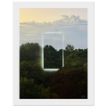 Color print of "A Window into Jungle Stillness" by CaliCuration, showcasing lush jungle scenery through a serene window view.