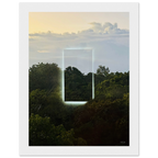 Color print of "A Window into Jungle Stillness" by CaliCuration, showcasing lush jungle scenery through a serene window view.