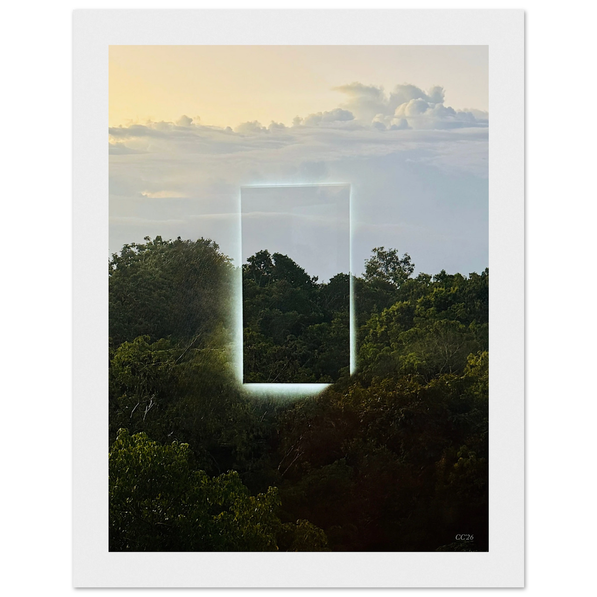 Color print of "A Window into Jungle Stillness" by CaliCuration, showcasing lush jungle scenery through a serene window view.