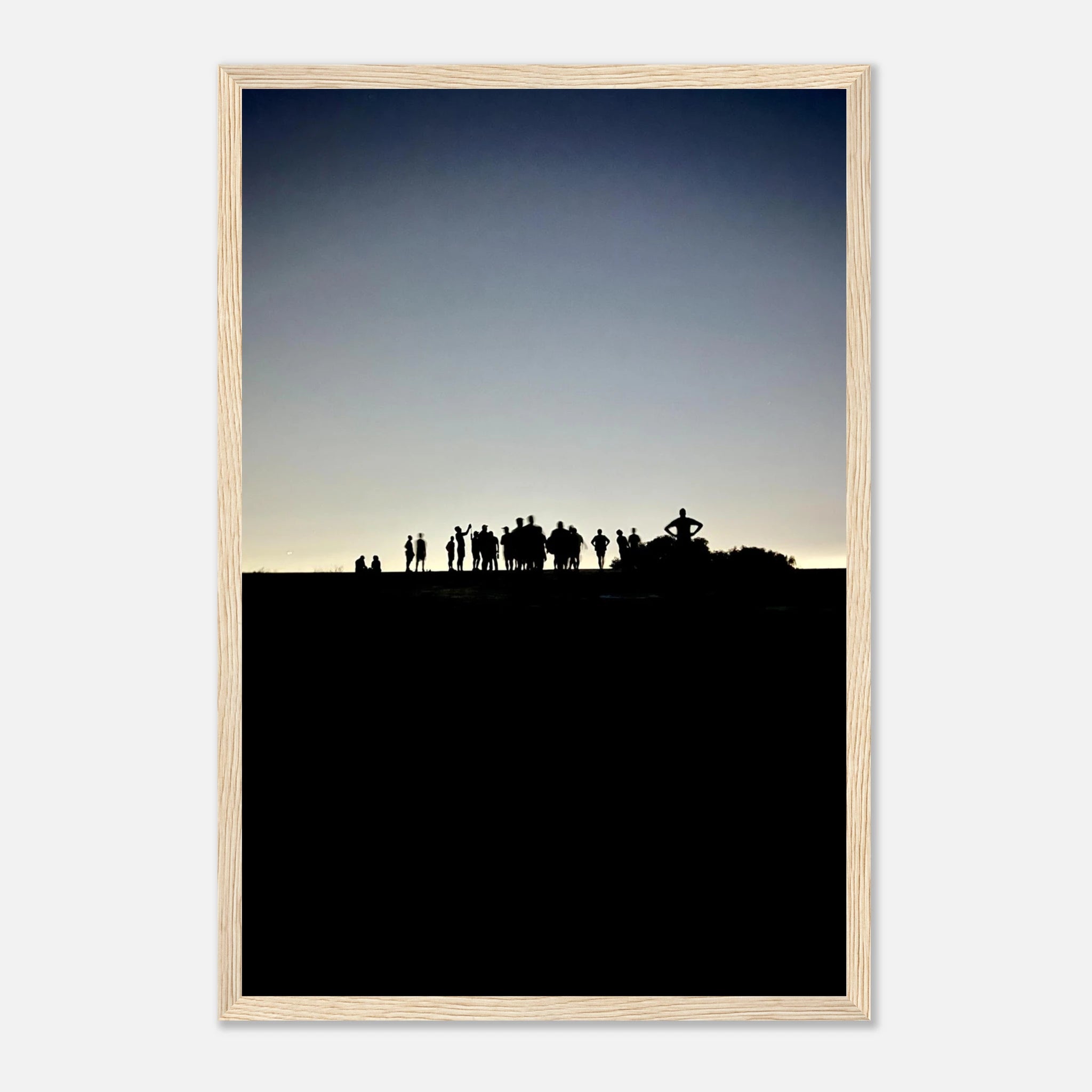 Black and white framed poster of Hollywood Hills at night with city lights, part of the Summer Hike California art series.
