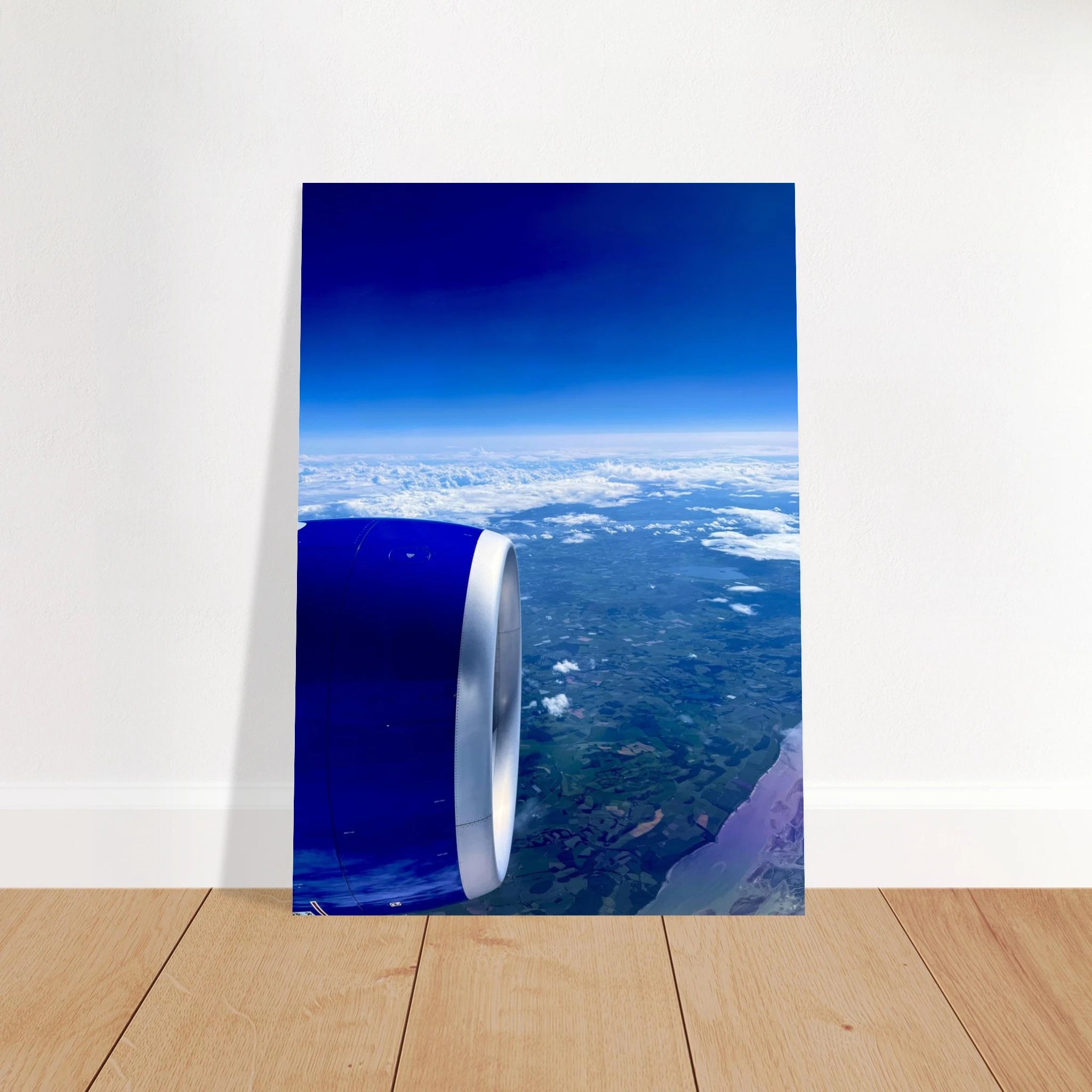 Aluminum print of a cross-Atlantic airplane turbine view, travel-themed artwork from My Store's Studio Edition collection.