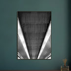 Black and white framed print of London Tube escalator abstract artwork from the Studio Edition travel collection.