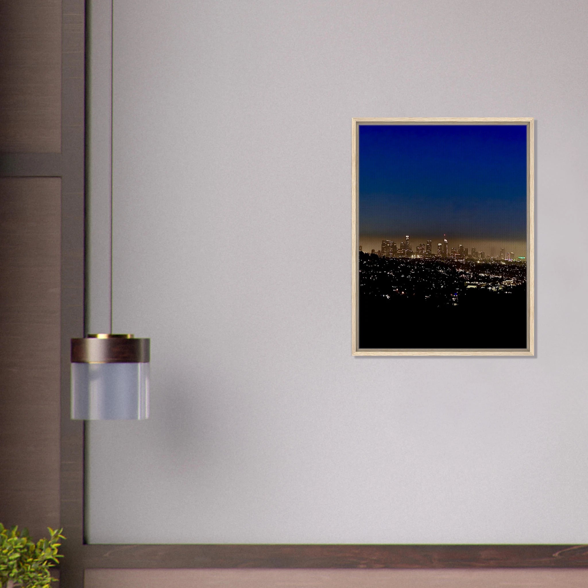 Premium wooden framed canvas print of Los Angeles Downtown night glow, featuring vibrant city lights and elegant home wall art.