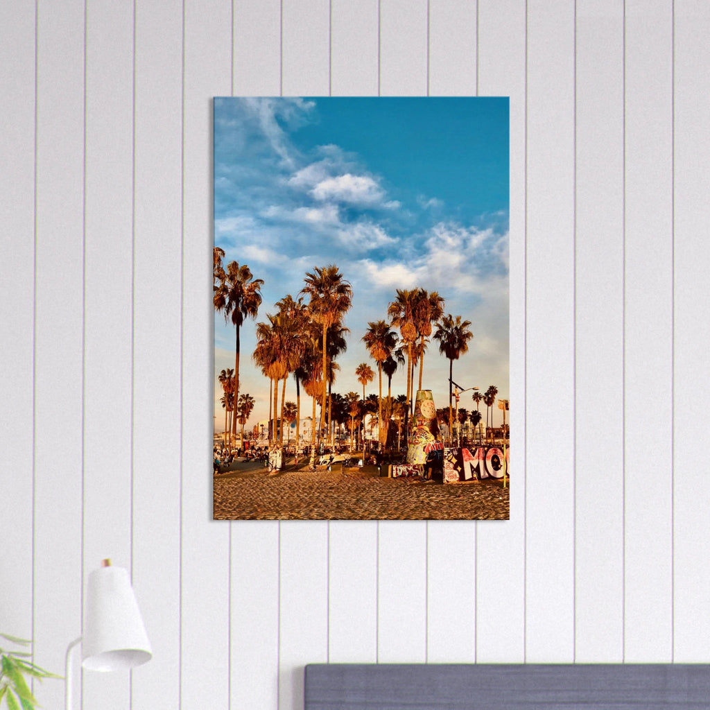 SoCal Beach canvas print featuring palm trees and graffiti-style California wall art on high-quality print material