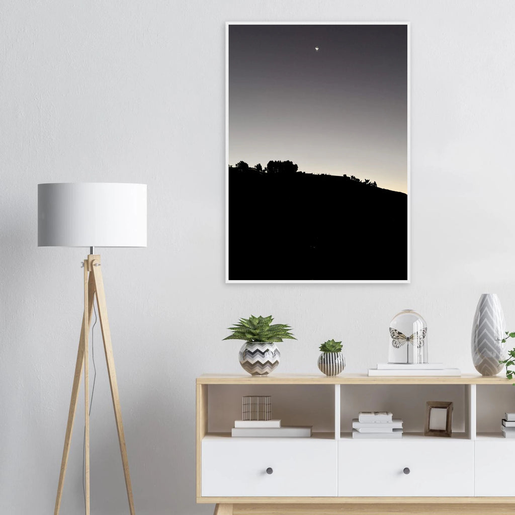 Wooden framed semi-glossy poster featuring black and white California Hollywood Hills moon print, studio edition art for holiday decor.