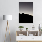 Wooden framed semi-glossy poster featuring black and white California Hollywood Hills moon print, studio edition art for holiday decor.