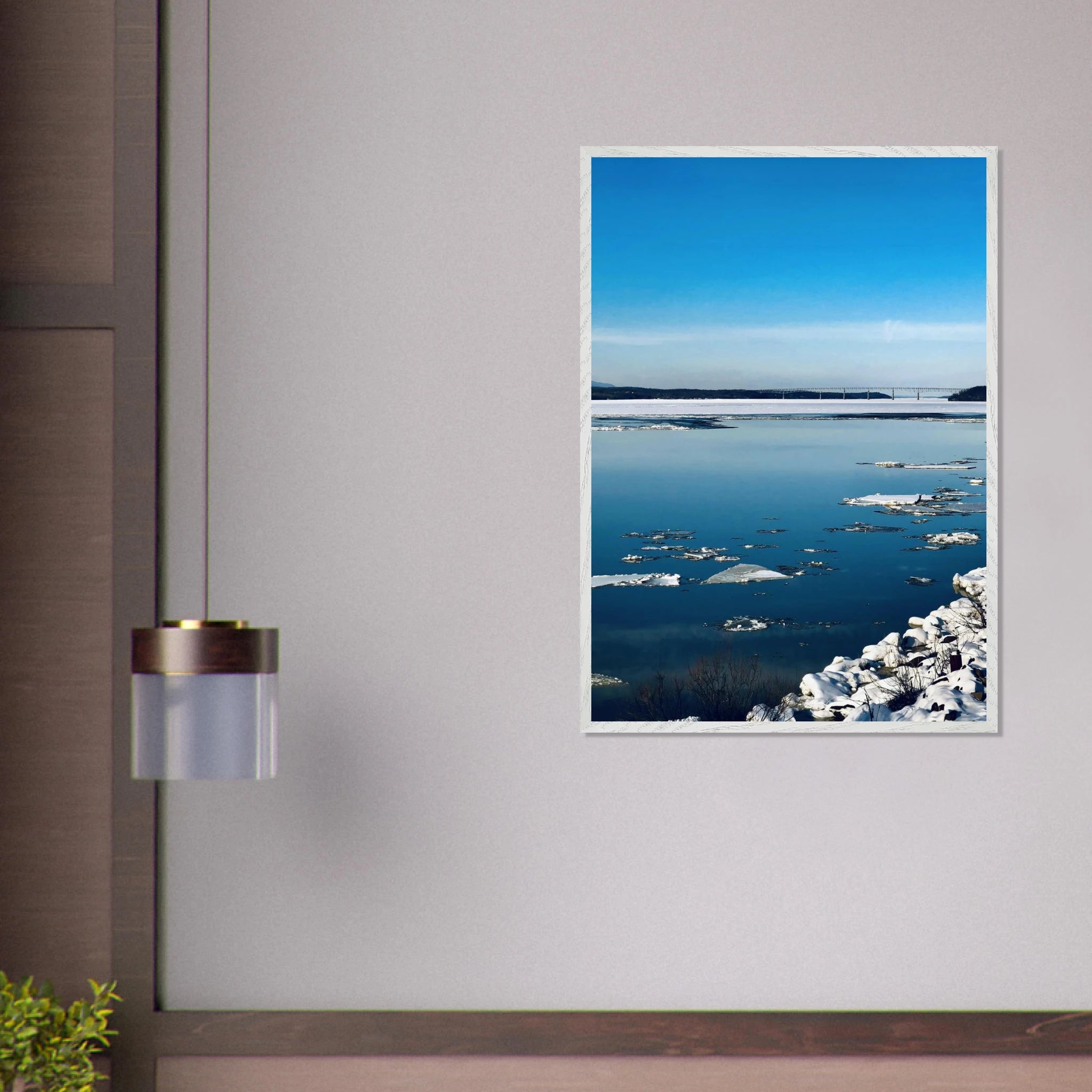 Premium wooden framed Hudson Valley winter poster featuring snowy landscape, part of the Studio Edition holiday travel collection.