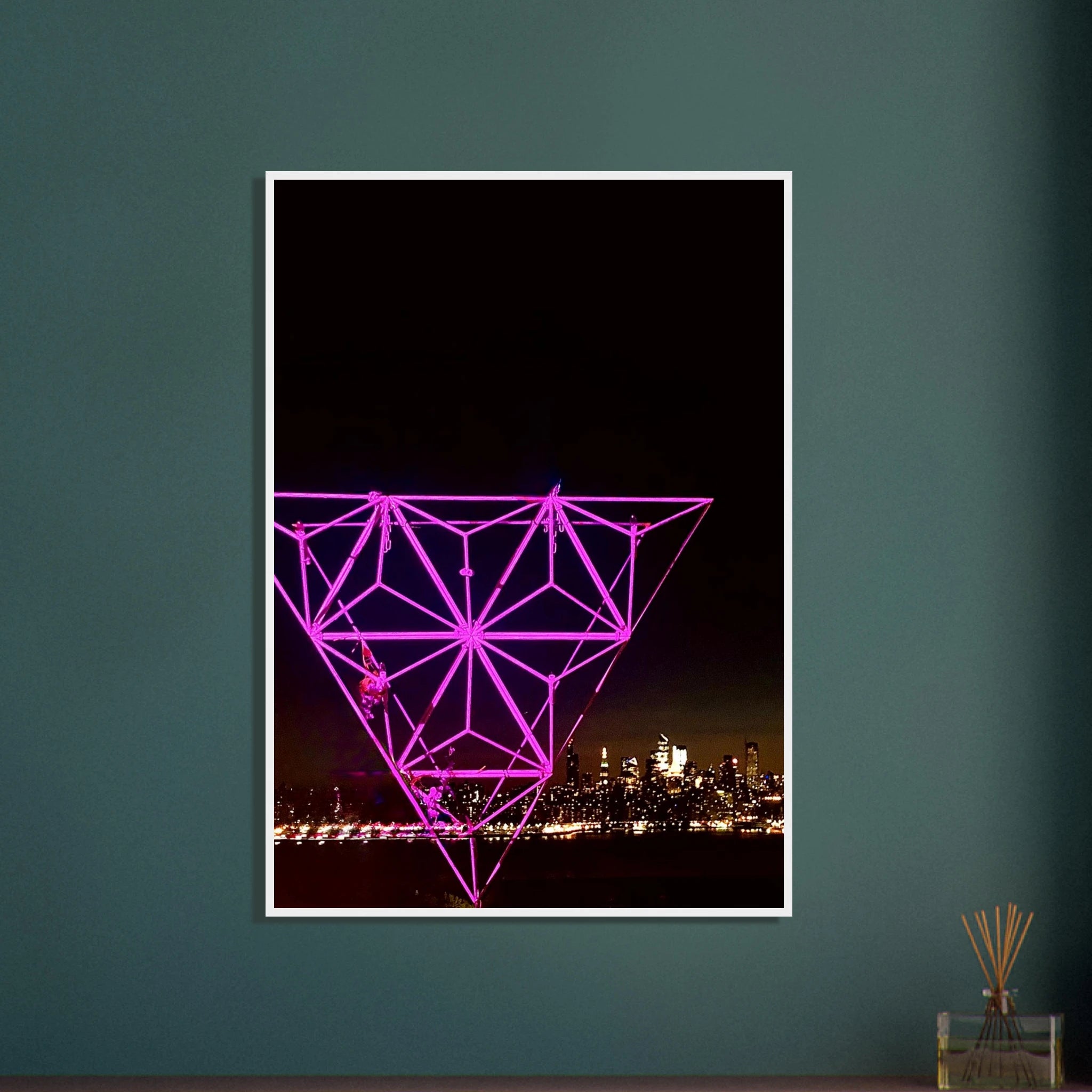 Framed print of a New York City night view featuring the Empire State Building, part of the Manhattan holiday art installation collection.