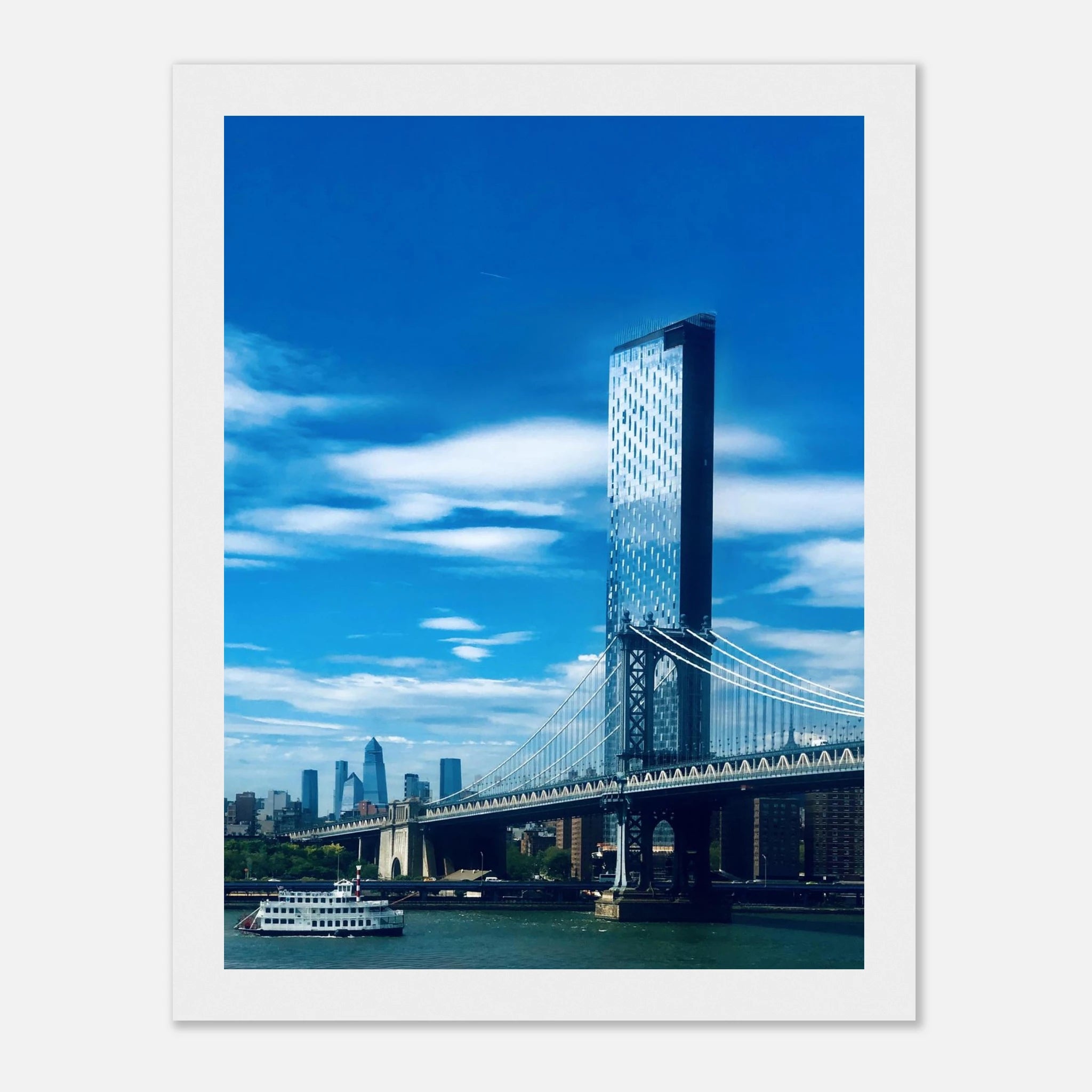 Framed NYC Manhattan Bridge and East River urban photography print, showcasing iconic New York City scenery in vibrant detail.
